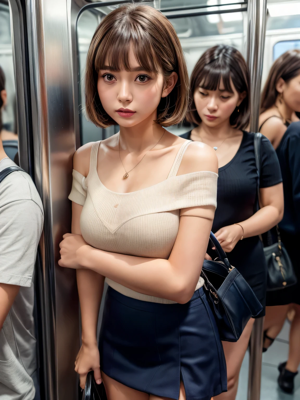 (in 8K、Raw photography、Highest Quality、realisitic、Photorealsitic、Professional Lighting、​masterpiece、extremely delicate and beautiful、Highly detailed、finely detail、ultra-detailliert、hight resolution、full-shot)、Several men were huddled on the train、1girl in、One woman in white camisole、Beautiful face:1.5、slim proportions、small tits:2、small tits、Young man in suit、Hug her from behind:1.5、Other young men flipping white camisole、Draw in clear detail whose hand it is、((( are visible)))、(((The nipple is visible)))、Eyes open:3、moaning in pain、feeling in pain、auw、Following the pain、moaning in pain、Pain in the face frowning、I'm looking at you、On the train、Female office worker、(((White camisole and jeans)))、