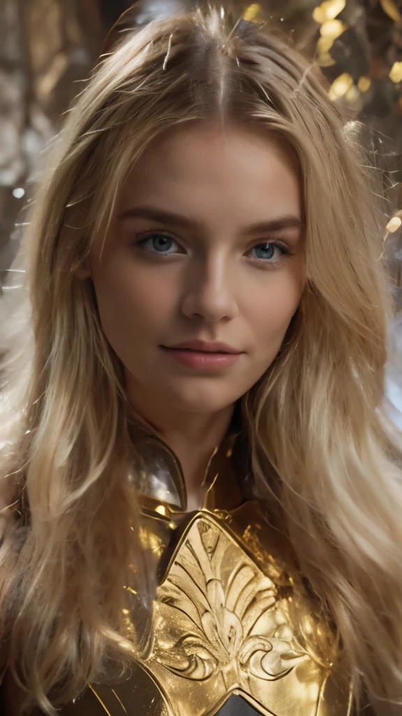 blonde with long hair in golden armor 