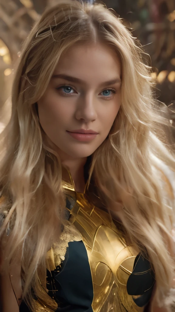 blonde with long hair in golden armor