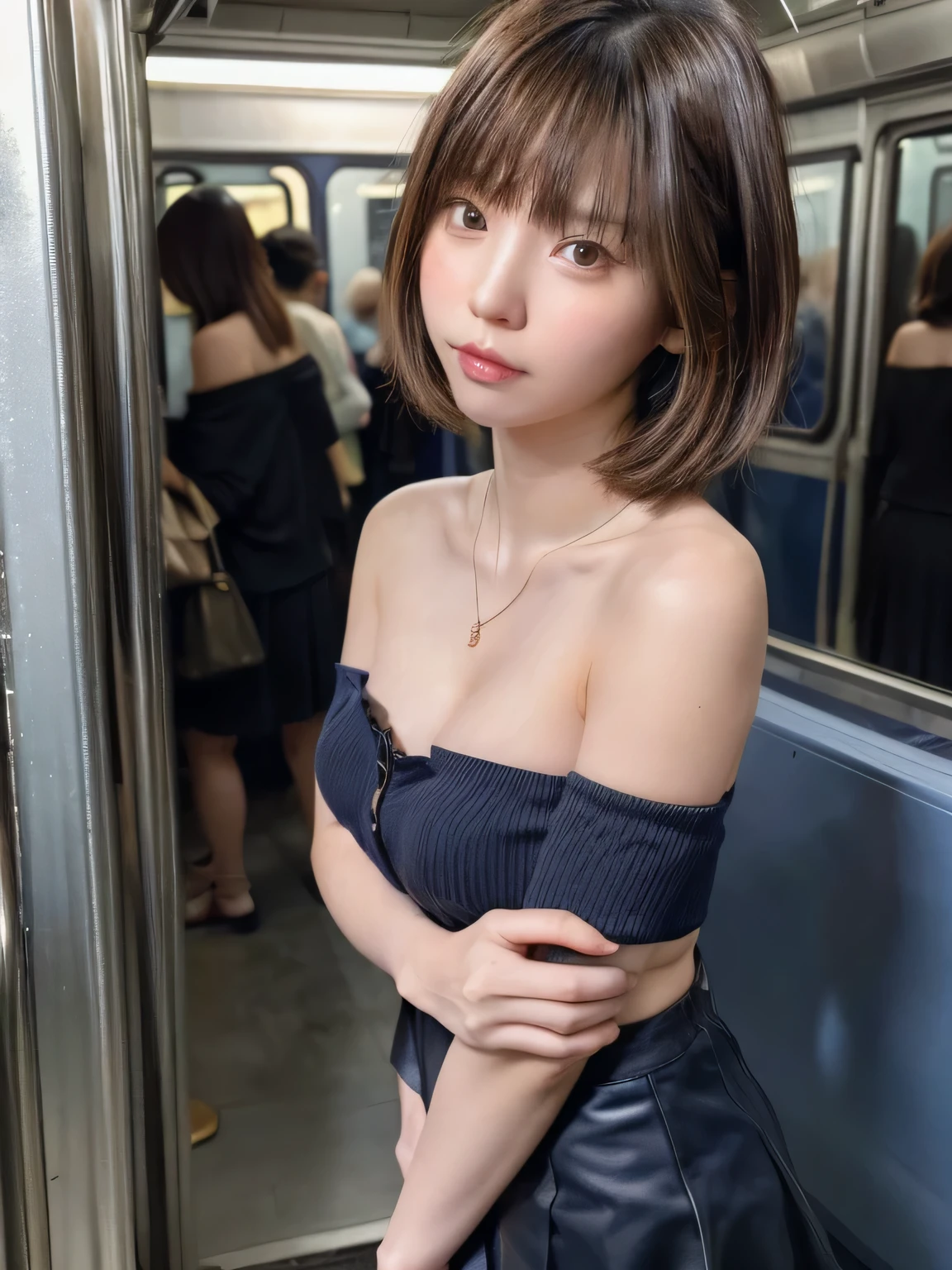 (masterpiece:1.3), (8K, realistic, Raw photo, highest quality: 1.4), (1 girl), beautiful face, (realistic face), (brown hair, you feel the skin、 short hair:1.3,With bangs), beautiful hairstyle, realistic eyes, fine and beautiful eyes, (realistic skin), beautiful skin、((navy miniskirt、off shoulder shirt、I have a black bag、beautiful necklace))、Breast flick、((medium breasts))、(in a crowded train)、From the side、full body、(look away)、I can see the whole body、(Are standing)、crossed arms、((chest hold))、18 year old beautiful girl、beautiful clavicle