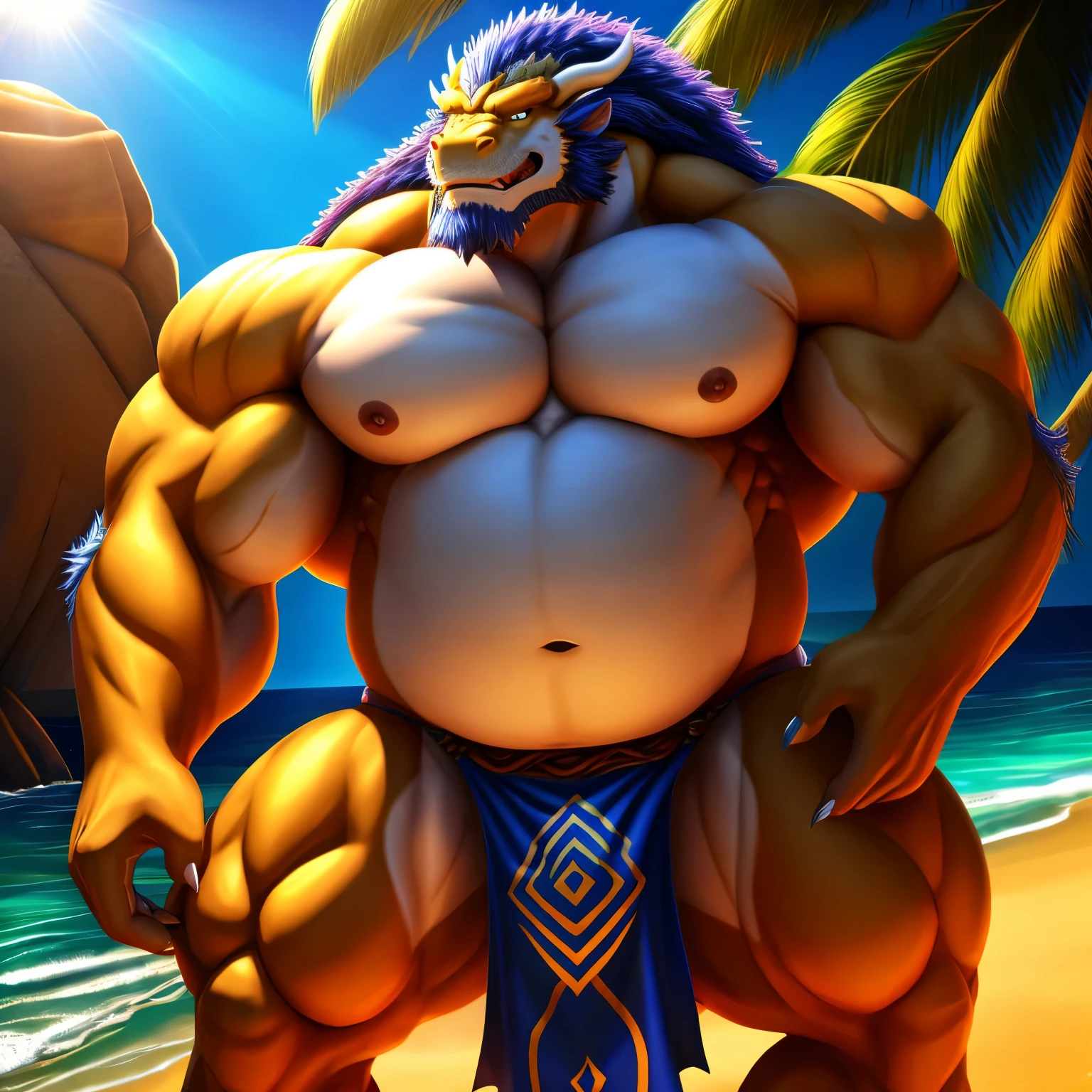  kaido,  eastern dragon king, male dragon, eastern dragon, very big muscles, hulking,  extremely strong, big abdominal muscles, hefty musclegut, pecs, muscular dad body,  Strong and robust musclegut , strong abs, sharp  claws, dragon feet claw, full body, loincloth, one piece, HDR,  nipples, sunlight, daylight, outdoor, bright , sunshine, at noon, fighting pose, good weather,  on sea beach, 8k, best quality .