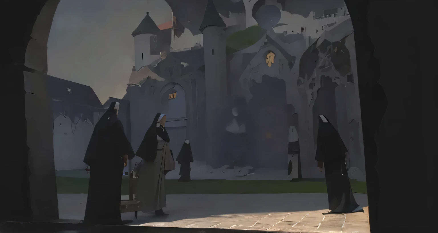 painting courtyard castle in the background, nuns in front, classical Renaissance painting, graceful brushstrokes