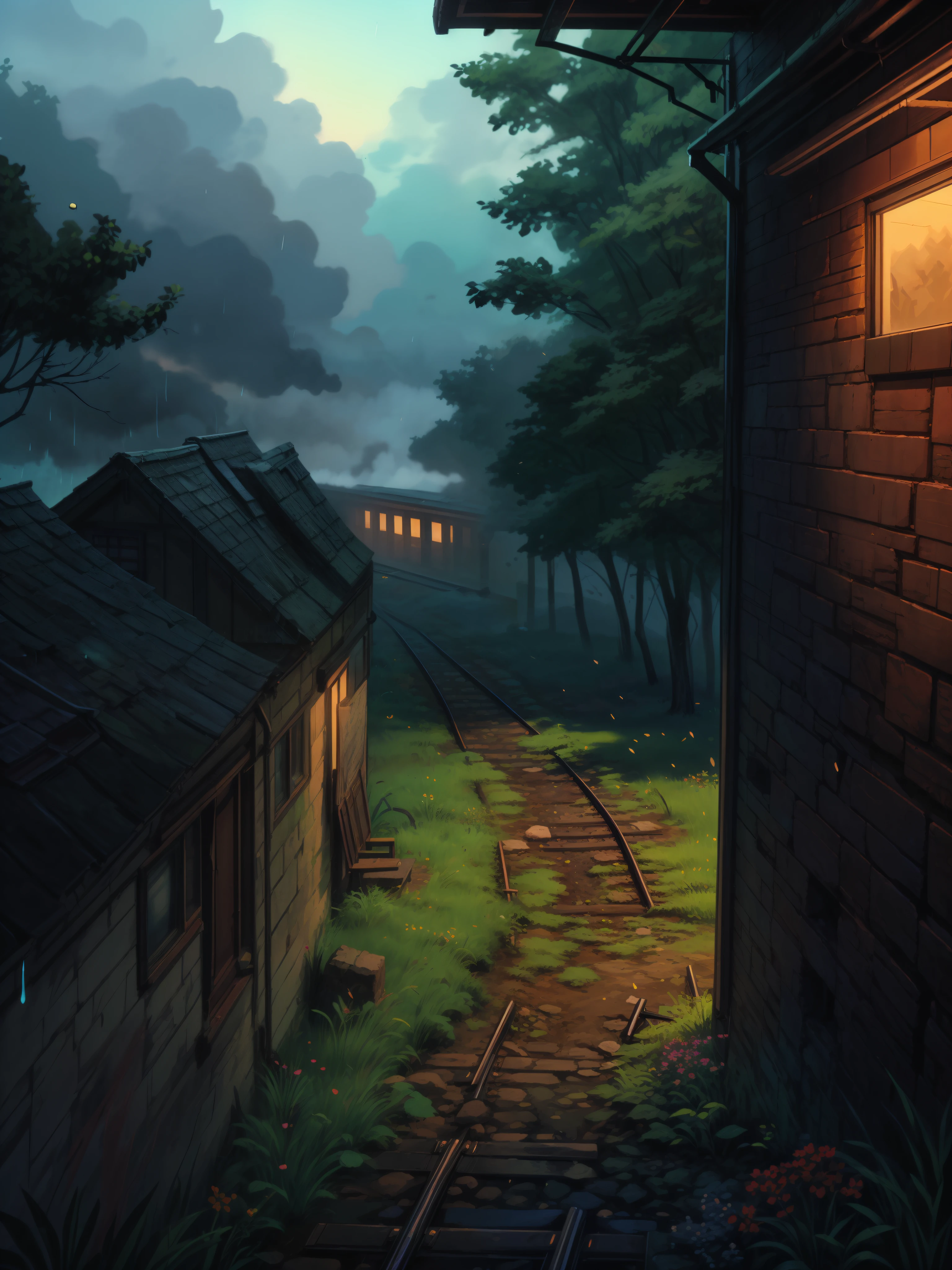 (masterpiece:1), (Hawk eye view:1.7), (a lonely railway station in the forest:1.6), (flowers:1.3), (cracked walls:1.5), (day time:1.3), silence, (blue cloudy sky:1.4), (cracked walls:1.5), (soft glow of vibrant tones:1.4), (heavy rainfall:1.5), magnificent sky, (volumetric light:1.2), peaceful, (train track:1.5), (vibrant bright tones:1.5),(long grass:1.3), (bushes:1.3), (beautiful decorations:1.5), (dense forest:1.4), (beautiful aesthetics:1.2), (train signal:1.5), beautiful tones, subtle colors, peaceful, (illustration: 1.0), epic composition, realistic lighting, (no human:1.6), HD details, masterpiece, best quality, ,