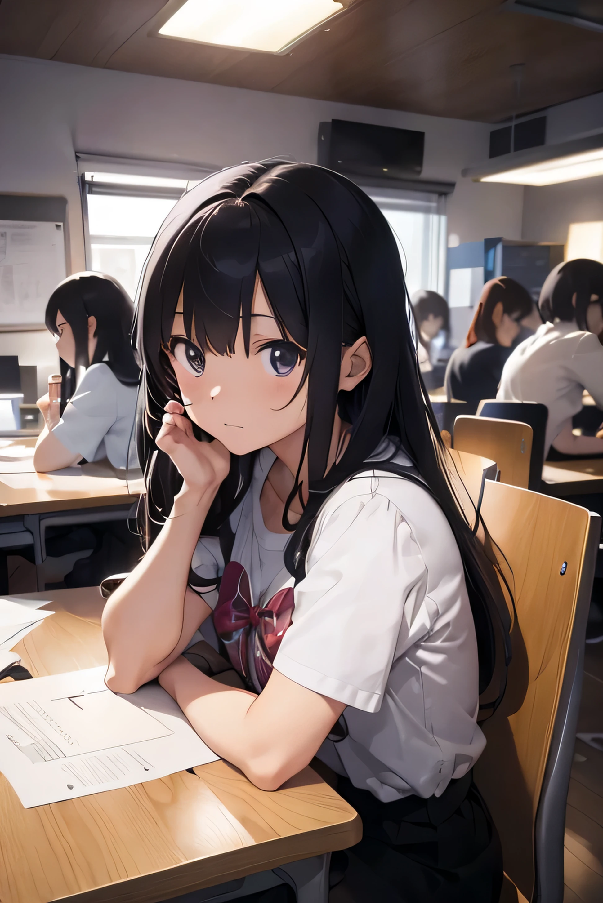 Study at your desk。night。turn to the side。１０modern woman。concentrate on studying。look away