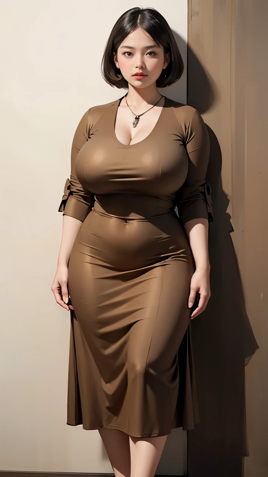 woman in brown dress and shorts hairstyle Leaning against the wall of the dark room, wearing a polite brown clothes , hijab outfit, with a long brown dress , longest dress fashion model, plus size, plus size woman, wearing brown longest dressed , woman in brown longest dress , beautiful Indonesia woman, thicc, brown outfit,, wearing a brown robe, brown , with longest hand clothes , bbwchan, large cleavage, very large cleavage, massive cleavage , wearing a sneakers, 35 years old woman, asian women , short hair , full body, thick neck , massive thighs , thick cheeks , Indonesian goddess 