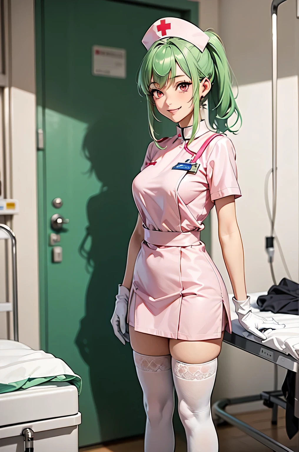 1girl, solo, nurse, nurse cap, white nurse uniform, ((white legwear, zettai ryouiki)), white gloves, ponytail, green hair, pink eyes, smile, standing, ((hospital room)), sharp outline, short sleeves, best quality, masterpiece