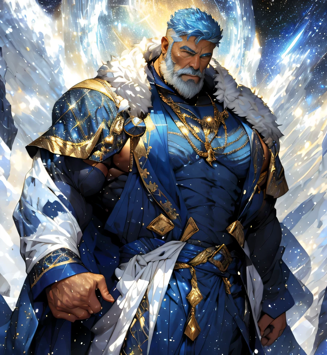 A big one, muscular old man，Fifty-five years old，Gorgeous sapphire blue silk robe，gold trim，He showed off his huge muscular chest，He showed off his great pecs，Energetic，Behind him are the brilliant starry sky and the cold polar regions，He showed off his strong chest muscles，Looking to the future，subtle smile