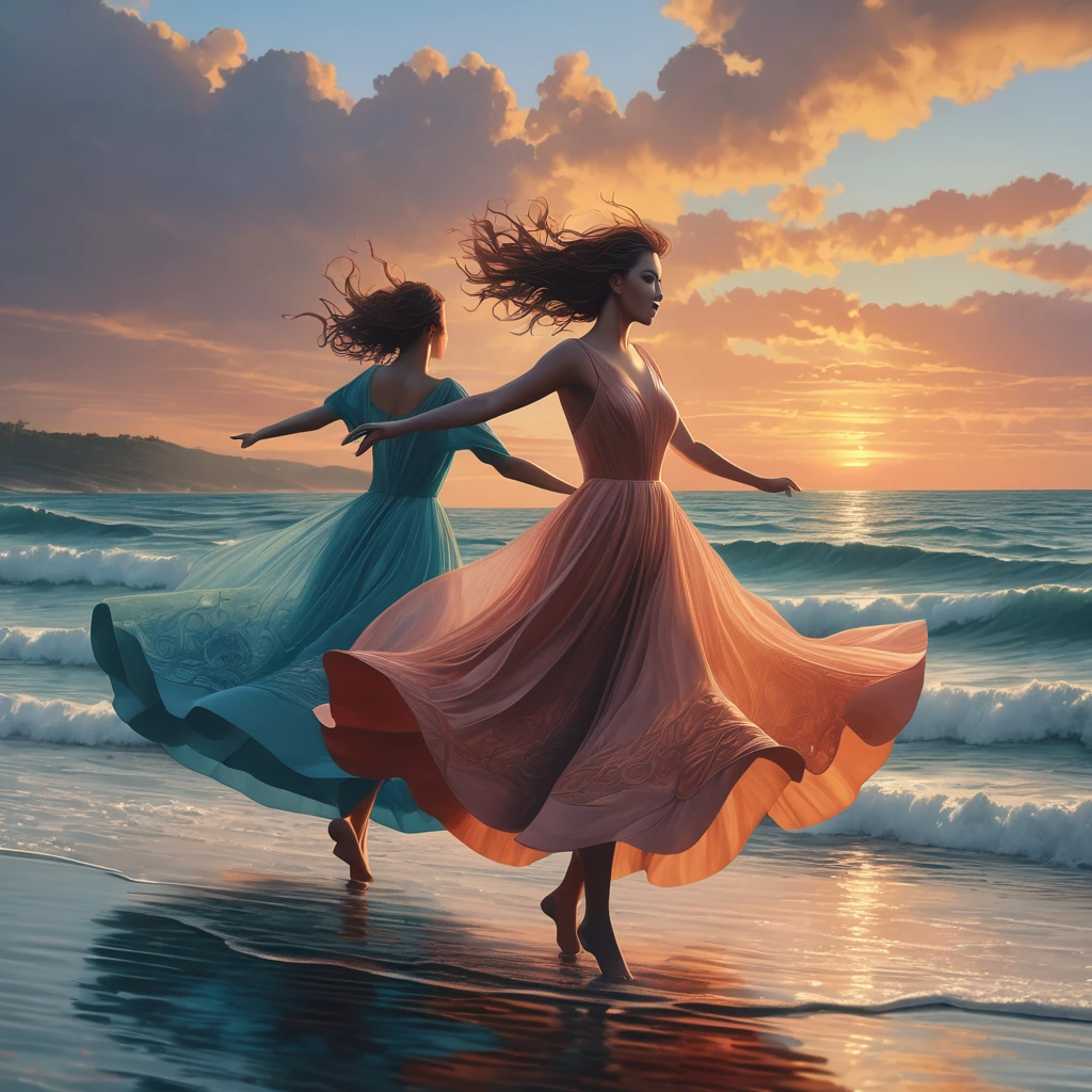 People Dancing on the Sea Surface, aesthetic, extremely detailed, (best quality,4k,8k,highres,masterpiece:1.2),ultra-detailed,(realistic,photorealistic,photo-realistic:1.37),people dancing on the sea surface, Gerald Brom and Zdzisław Beksiński inspired, surrealistic, vibrant colors, dynamic lighting,crashing waves,windswept hair, shimmering water,reflection on the sea,joyful movement,fluid and graceful dance, mesmerizing poses, subtly flowing dresses, captivating expressions, ethereal atmosphere,whimsical and dreamlike scenery, intricate patterns and textures, dramatic contrast, powerful emotions, fascinating interaction with the sea,fantastical elements blending with reality
