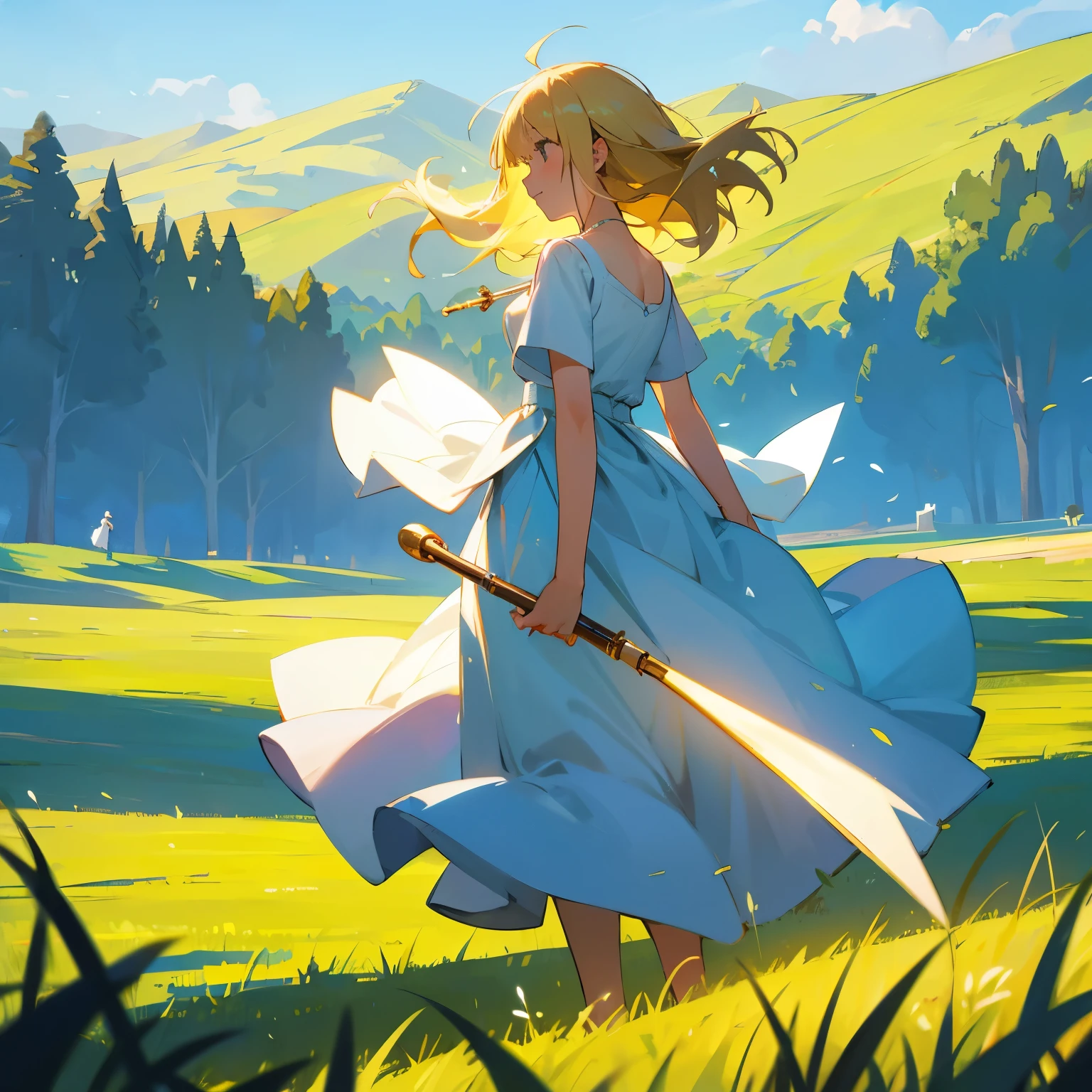 blue sky,,white dress,blonde girl,back view,green meadow, clear blue sky, sunlight, joyful expression, flowing dress, gentle breeze, golden sunlight, warm atmosphere, peaceful landscape, soft grass, distant mountains, serene scene,playing a flute,Playing the flute