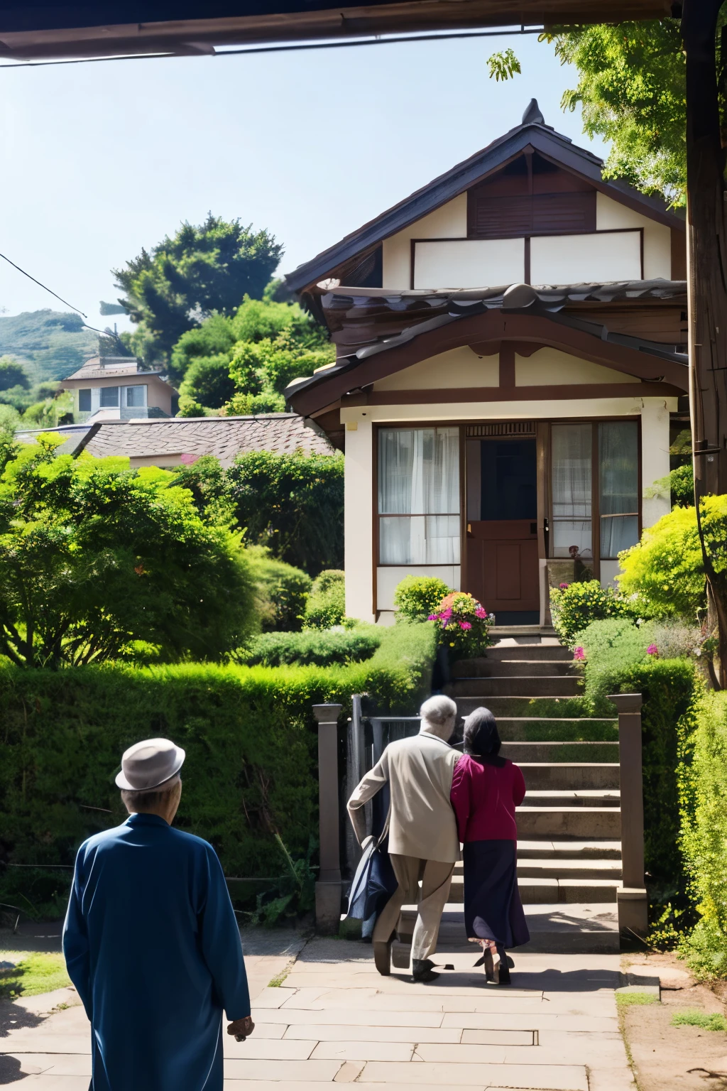 About buying and selling real estate、One is an old man in his 70s.、The other person should be a man and woman in their 40s with a contract.。Also、It&#39;s better to have children too.。and、Please make sure that a house appears in the background.。