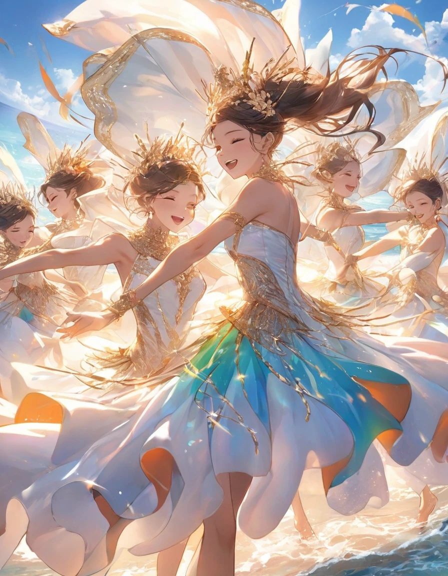 Visualize a vibrant scene on the shores of Jamaica, where a group of dynamic dancers forms a captivating procession, their bodies swaying to the rhythm of the ocean's pulse. Begin by composing the shot to capture the full expanse of the beach, with the azure sea stretching into the horizon and the golden sands glowing in the sunlight. Focus on the dancers, each exuding energy and grace as they move in synchronized harmony, their colorful costumes fluttering in the breeze. Zoom in to highlight their intricate movements and expressions, conveying the passion and joy of their performance. Play with angles and perspectives to convey the sense of movement and rhythm, while ensuring the background complements the vibrant atmosphere of the Caribbean coastline. Let every detail, from the sparkling droplets of seawater to the smiles on the dancers' faces, contribute to the dynamic and uplifting mood of the image.