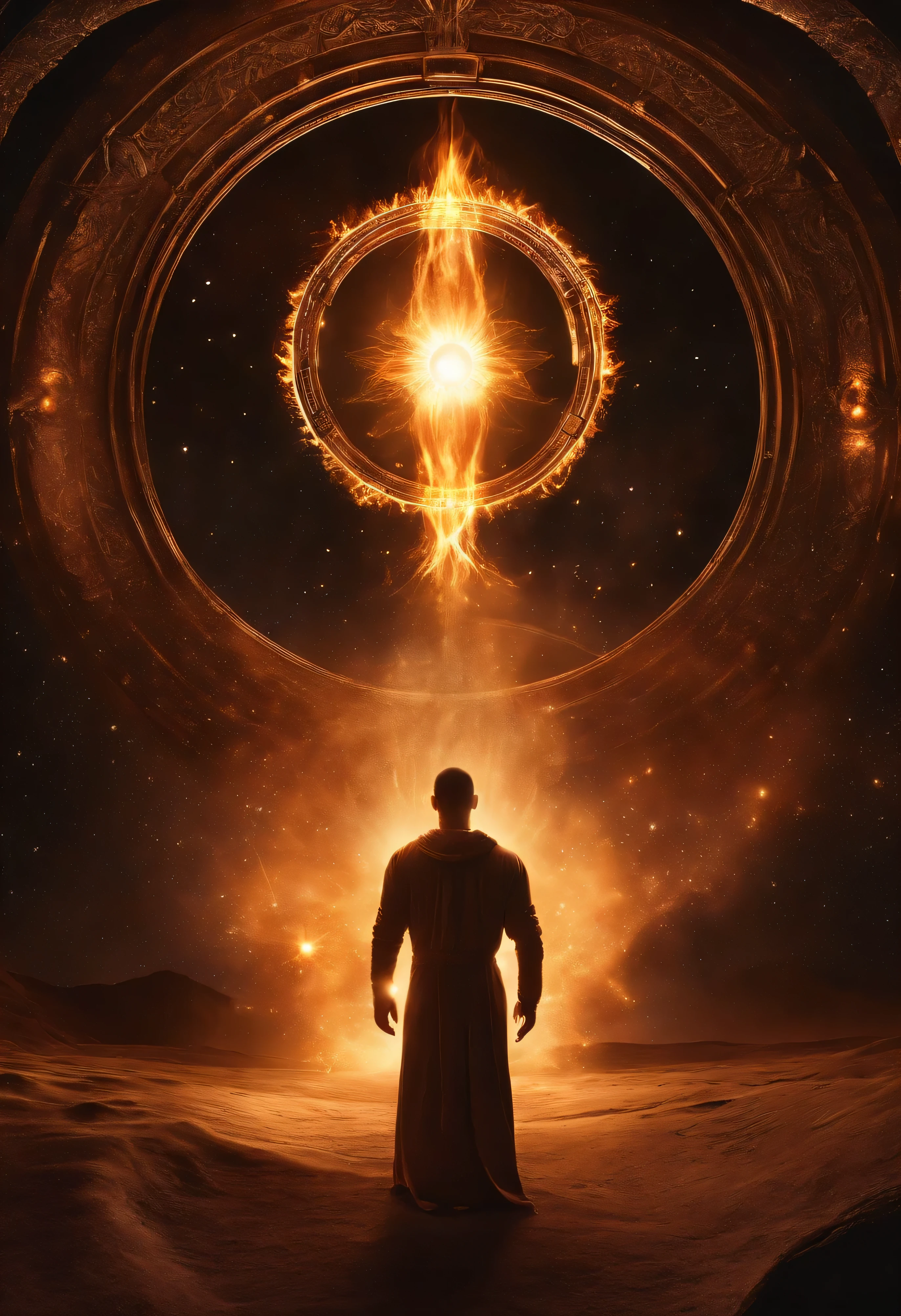 在有许多星星的巨大round灯前,human head outline, Head wrapped in a ring of fire, The soul comes out of the portal, Magical glowing time portal, Open a shining portal, round, Portal to another universe involving human head, Summoning Circle, Time vortex in the background, directed by: Kurt Roche, fiery flames, Interstellar infinite portal, lens flare. hidden photorealism, Still photos