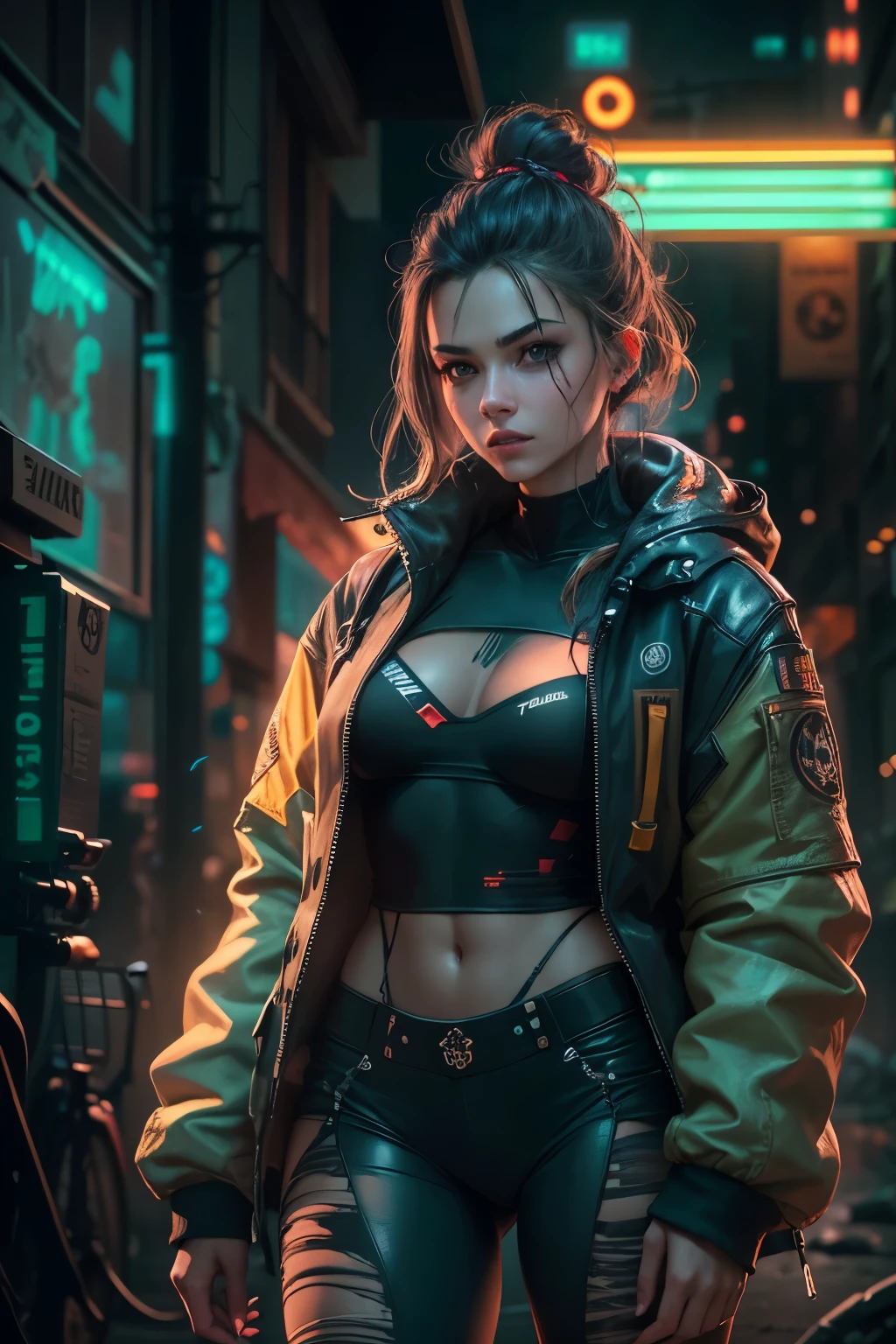 hiperrealistic art style cyberpunk woman looking toward camera in a dystopian dark backalley with some néon lights in the background