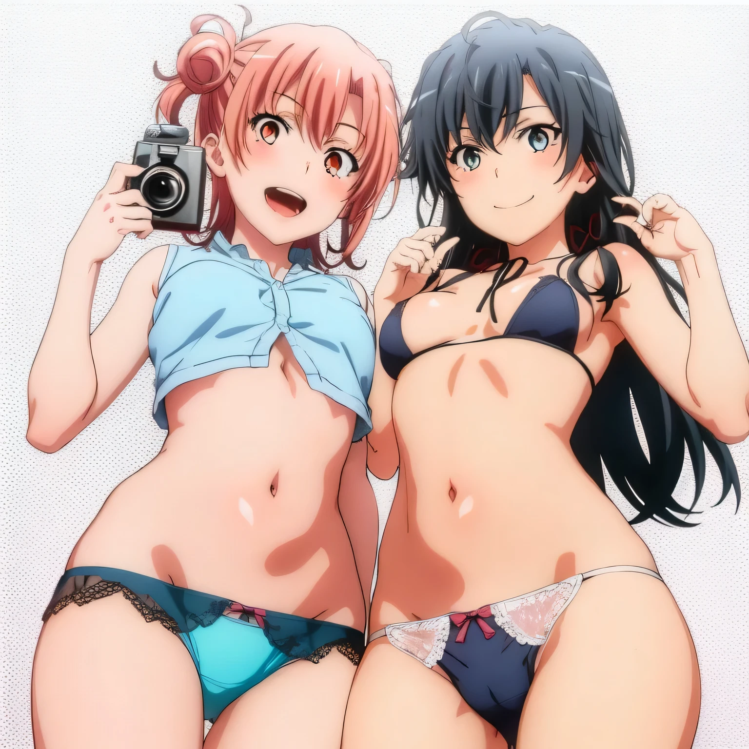 2 girls , Yukinoshita Yukino , yuigahama yui&#39;the bust is amazing,pin up,In underwear,Please bring your face closer to the camera,(white panties:1.0),(red ribbon on panties),(pink panties),(pussy cameltoe in panties),thighs,cowboy shot,(high angle:1,0),beautiful eyes,open your mouth,smile,look at the camera,camera up to head