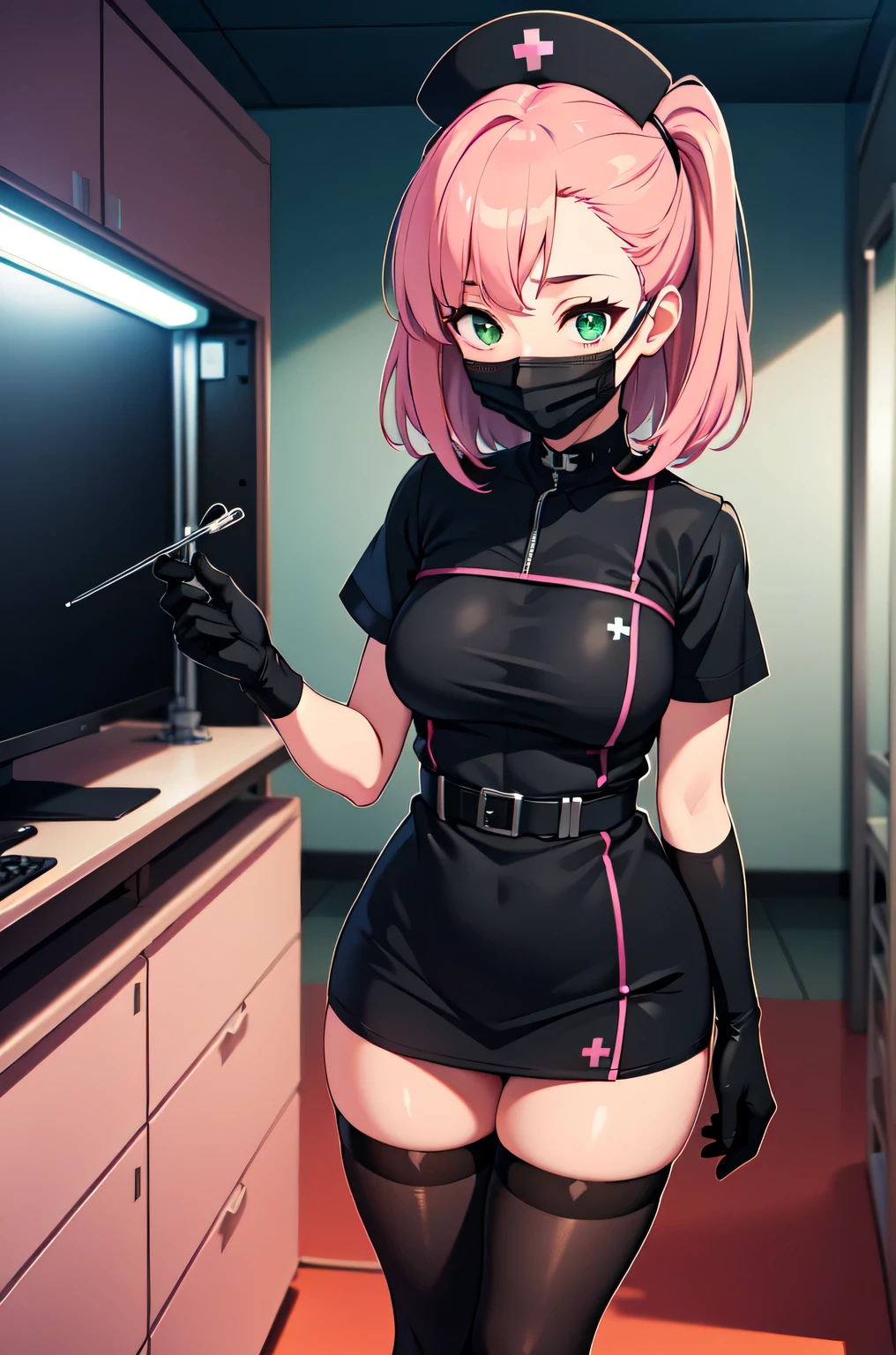 black nurse, 1girl, solo, black nurse cap, black nurse uniform, ((black legwear, zettai ryouiki)), black elbow gloves, pink hair, green eyes, drooping eyes, ((black surgical mask, covered nose)), standing, ((surgery room)), sharp outline, short sleeves, best quality, masterpiece