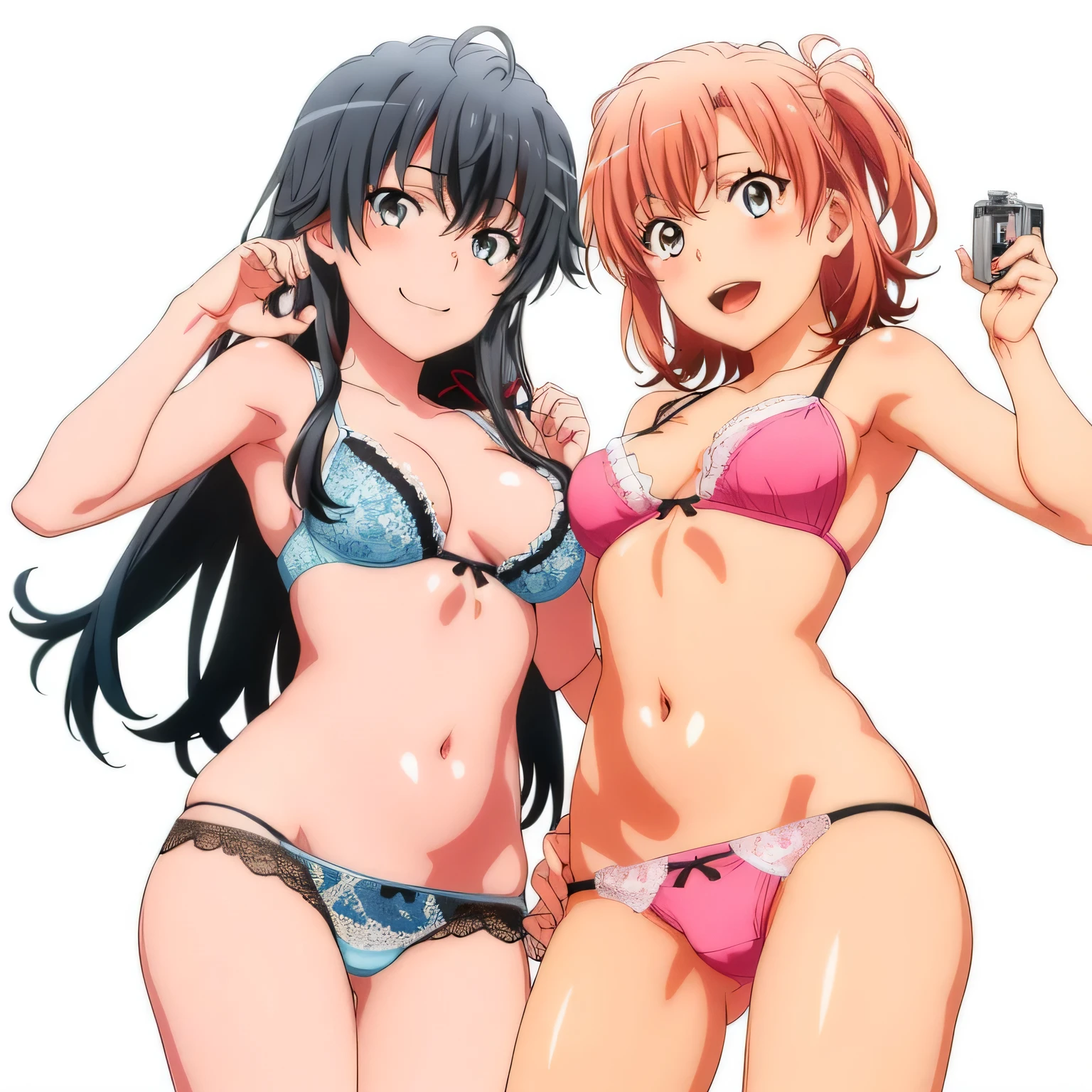 2 girls , Yukinoshita Yukino , yuigahama yui'the bust is amazing,pin up,In underwear,Please bring your face closer to the camera,(white panties:1.0),(red ribbon on panties),(pink panties),(pussy cameltoe in panties),thighs,cowboy shot,(high angle:1,0),beautiful eyes,open your mouth,smile,look at the camera,camera up to head