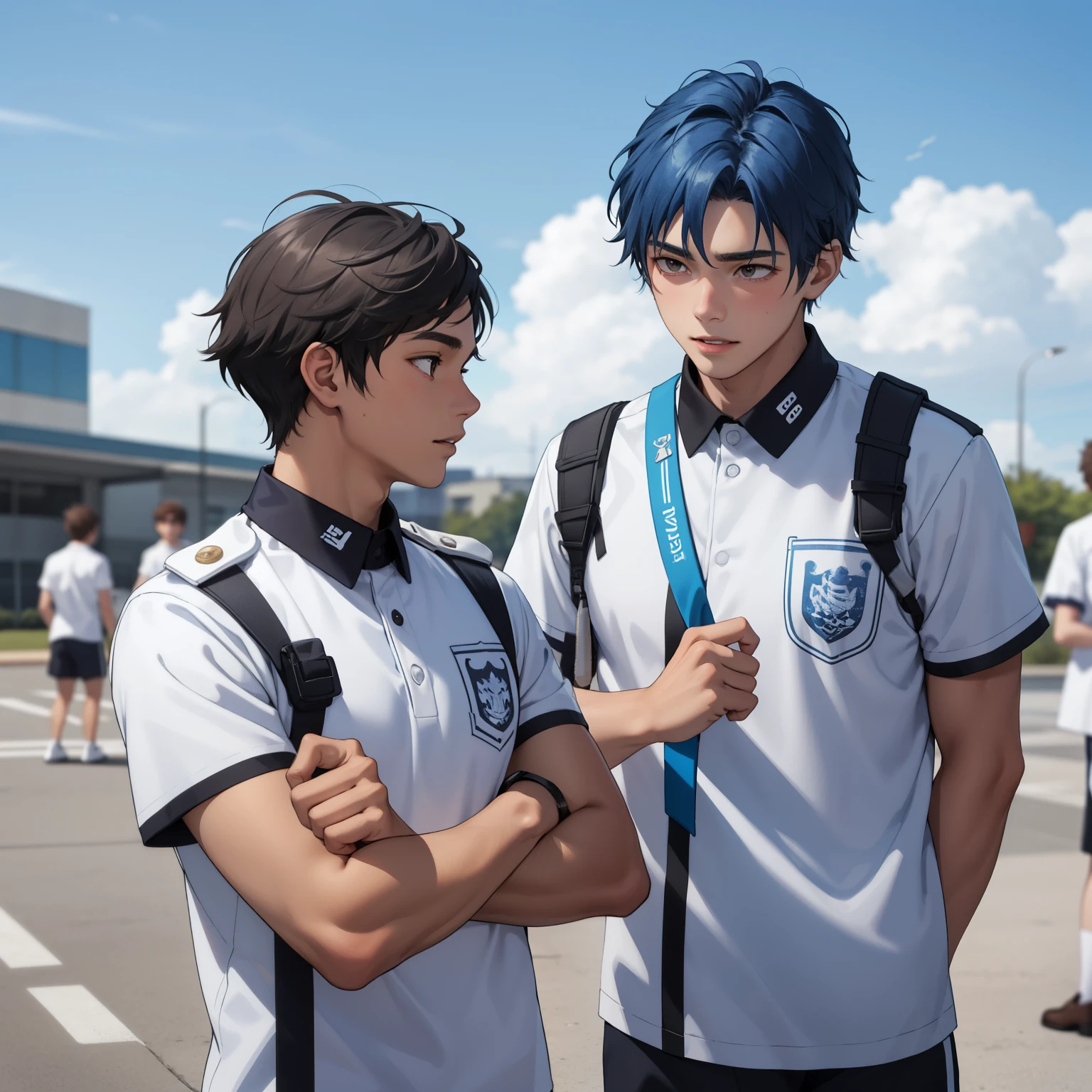 15-year-olds with brown Latin skin and bright blue hair , are in high school wearing white uniforms, hablan preocupados sobre algo importante