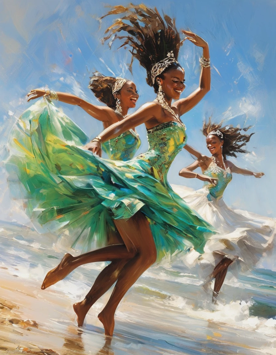 A vibrant scene on the shores of Jamaica, where a group of dynamic dancers forms a captivating procession, swaying to the rhythm of the ocean's pulse. The shot captures the full expanse of the beach, with the azure sea stretching into the horizon and the golden sands glowing in the sunlight. The dancers, exuding energy and grace, move in synchronized harmony, their colorful costumes fluttering in the breeze. The background reveals the Caribbean coastline, complementing the vibrant atmosphere of the dance.
Angles and perspectives are masterfully used to convey the sense of movement and rhythm, while every detail, from the sparkling droplets of seawater to the smiles on the dancers' faces, contributes to the dynamic and uplifting mood of the image. This captivating visual storytelling transports the viewer to a moment