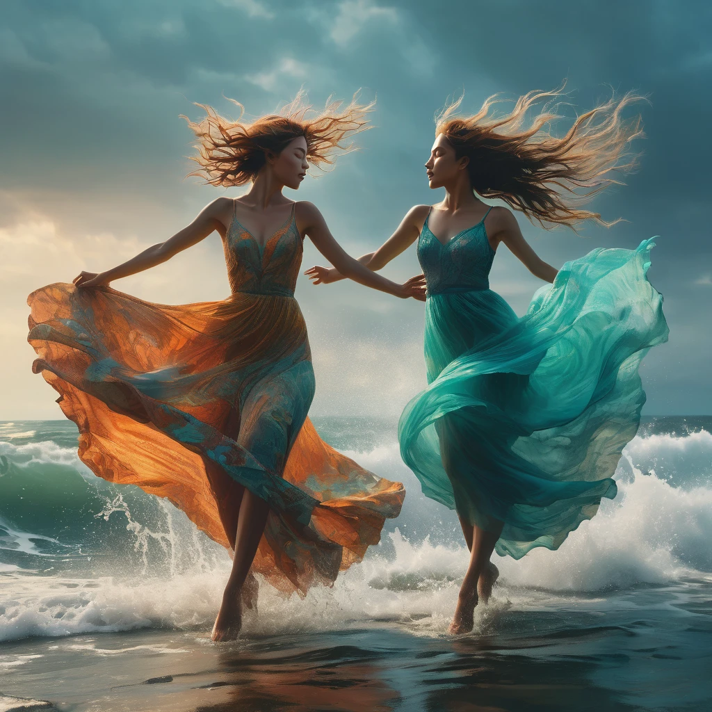 People Dancing on the Sea Surface, aesthetic, extremely detailed, (best quality,4k,8k,highres,masterpiece:1.2),ultra-detailed,(realistic,photorealistic,photo-realistic:1.37),people dancing on the sea surface, Gerald Brom and Zdzisław Beksiński inspired, surrealistic, vibrant colors, dynamic lighting,crashing waves,windswept hair, shimmering water,reflection on the sea,joyful movement,fluid and graceful dance, mesmerizing poses, subtly flowing dresses, captivating expressions, ethereal atmosphere,whimsical and dreamlike scenery, intricate patterns and textures, dramatic contrast, powerful emotions, fascinating interaction with the sea,fantastical elements blending with reality