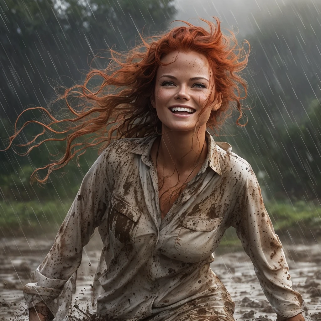 A very violent current plagues the staff. Bright lightning beams flash through the sky everywhere. There is also a violent wind, and the water is everywhere at and height of one meter. An illustration that encapsulates the beauty of a red-redd-haired, brown skinned, DINA MEYER, dressed with a slip full of mud spots and long white wide open shirt full of mud spots, having fun in the mud within a tranquil rural setting on a misty morning. Mud everywhere, Despite being covered in mud, dressed with a short and long white shirt full of mud. She possesses happy and alluring eyes and a well-proportioned body. She enjoys the rain and smiles cheerfully, natural beauty, forest, feminine, rain, river bank, sultry beauty,Size:512 × 640