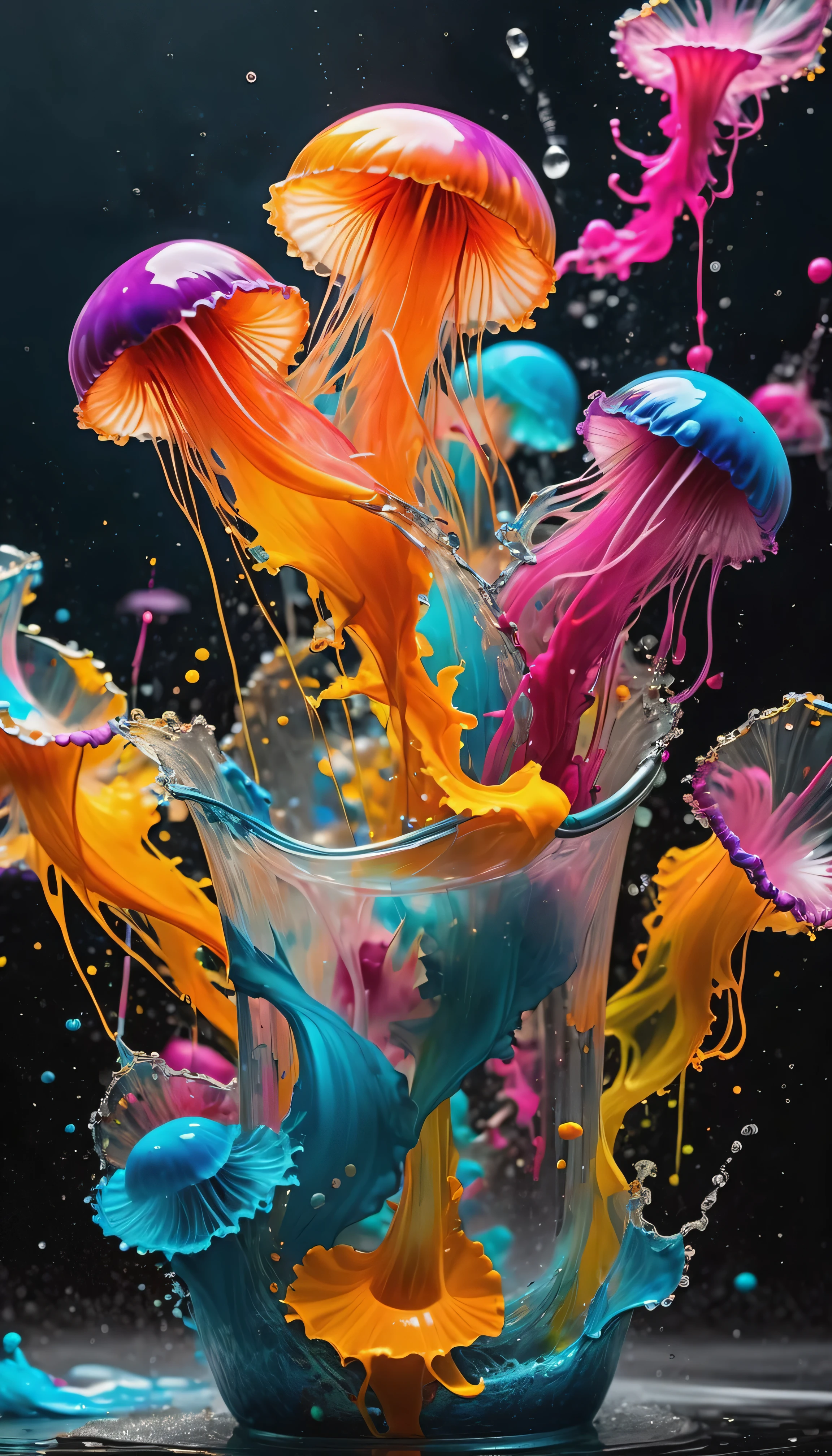 (best picture quality，4k,8k，high-definition，masterpiece:1.2)，Ultra-detailed，(lifelike，lifelike，lifelike:1.37)。ink painting，art masterpice，Mr. Jellyfish in the glass bathtub，Angry jellyfish sprays colorful ink，（ink splash effect：1.37，Sprayed paint：1.37.splash of colorful paint，paint splatter background，）Energetic movement，Dynamic and powerful abstract art，rich colors，propylene，Vivid rainbow hues，Happy and lively atmosphere，bright orange，Pink，Whimsical and dreamy，Spontaneous splashing，bold color contrast。