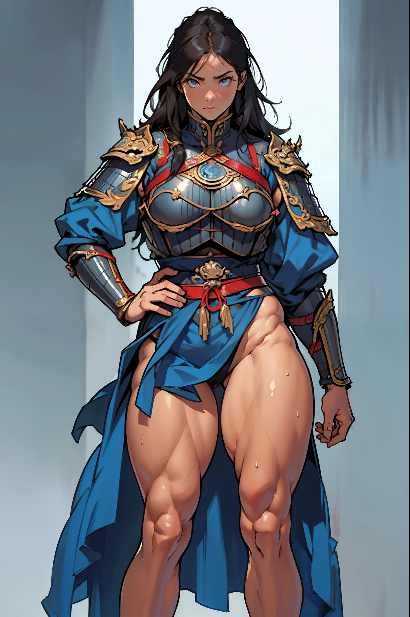 (high resolution, pixel perfect, gorgeous illustrations), (hyper quality, muste piece, etheric: 1.4), ((1girl)), (((((stand,open legs))))), ((tattoo)), ((mature woman)), cool atmosphere, ((((expressionless)))), (((((((muscular))))))), ((thick thighs)), (((wide hips))), ((Big breasts that are about to burst)), fighter, (((woman))), ((((wh_chi_armor)))), (((cameltoe))), lewd woman, (shiny skin), sweat, simple background,