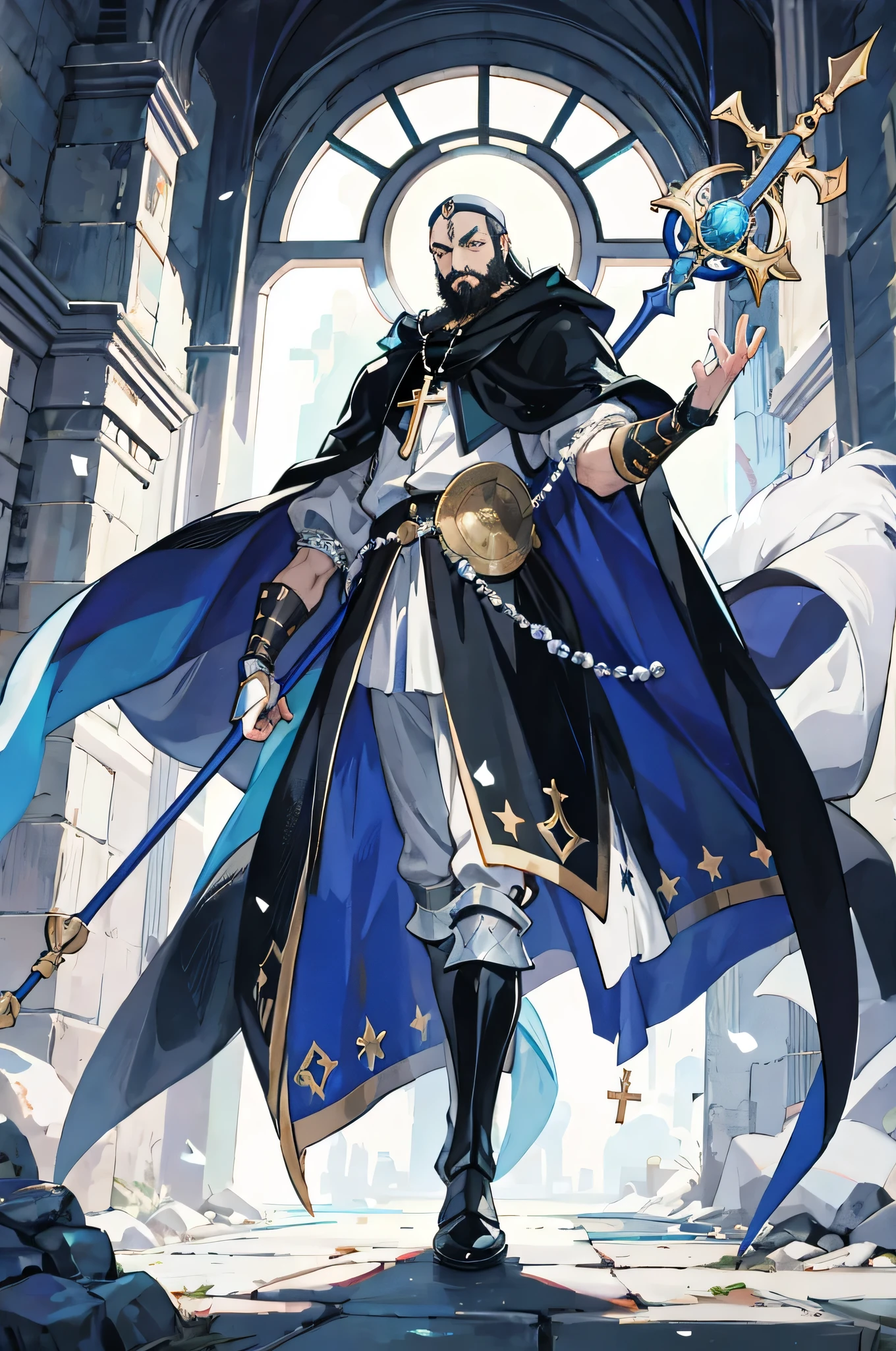 one man, 70 year old mage with a full beard, black hair, black beard, with white cloak, In full medieval plate armor, white cloak, vampire hunter d style, flat, 2D, full body shot, rosary for necklace, catholic, cool pose, gauntlet, medieval staff,full body,whole body,