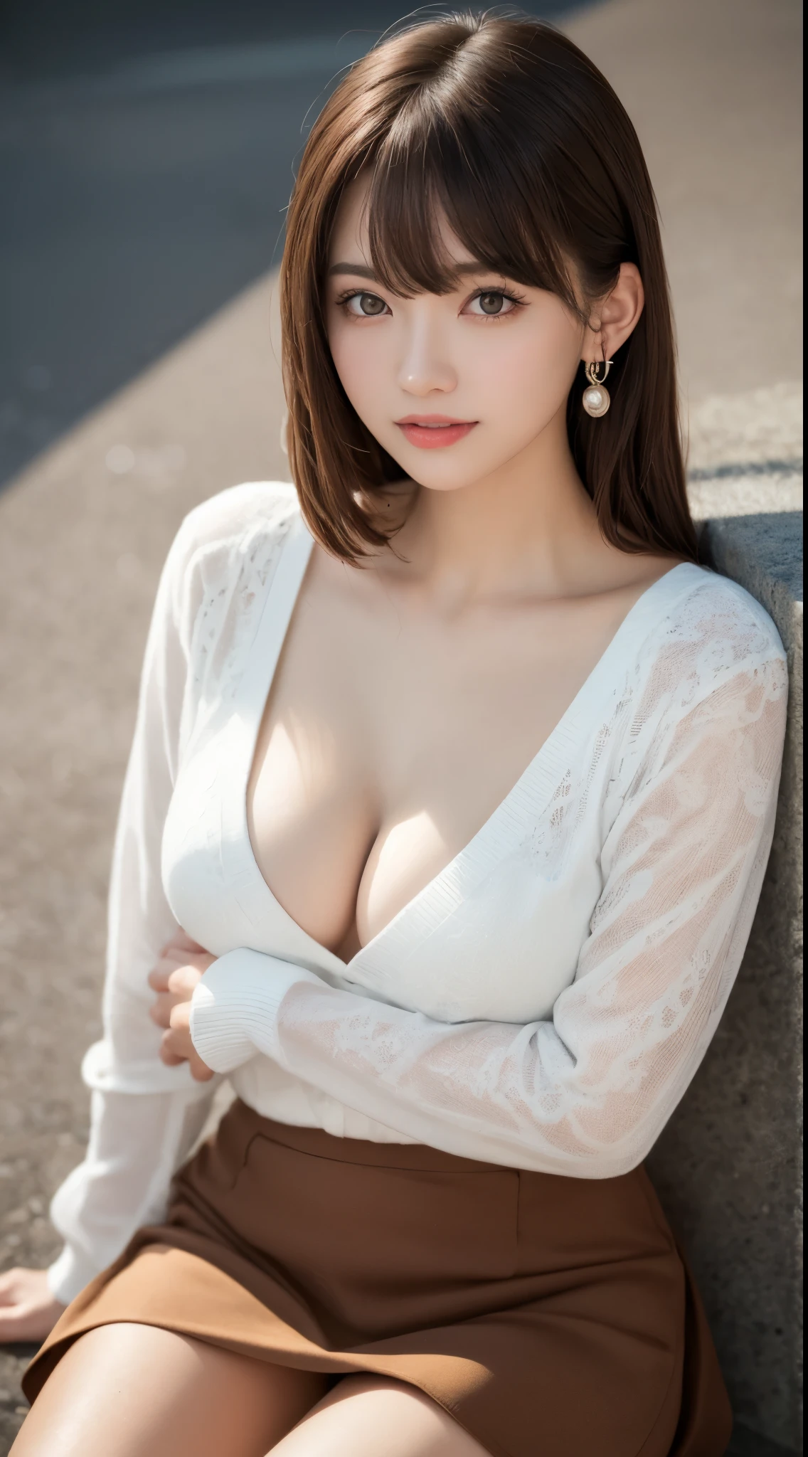 8K, UHD, Smile, natta, Raw photography, (((Ultimate Beauty Portrait))), ((glistning skin)), 1 girl solo, 15 year old beautiful girl in Prague, bright expression, ((brown hair:1.3)), earrings,(cleavage of the breast), (flered skirt:1.3), ((Big eyes that shine like jewels))、open cardigan, Open clothes, panthyhose, Glossy glossy skin、(Medium Hair)、(Silky Ponytail Hair), sitting, (from above), Under the skirt, (Close-up of underwear), eye liner, Beautiful bangs, Hair between the eyes, ((masterpiece, top-quality, ultra-detailliert, Film Light, intricate-detail, hight resolution, ighly detailed)), in the city, Digital SLR, Soft light, hightquality, Film grain, FujifilmXT3, Shallow depth of field, natural soft light, (Large breasts), rim lighting