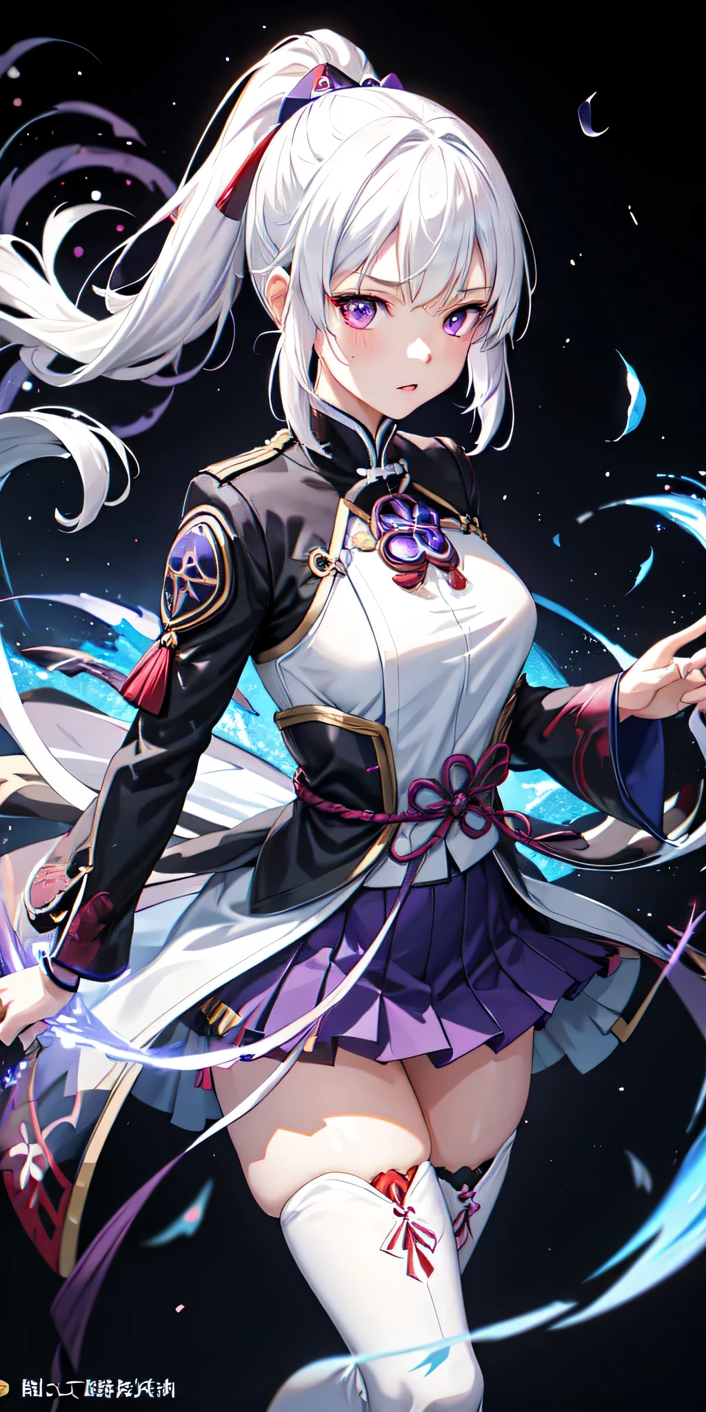 1girl, japanese clothes, ponytail ,white hair, purple eyes, magic circle, blue fire, blue flames, wallpaper, landscape, blood, blood splatter, depth of field, night, light particles, light rays, sidelighting, thighs, fate \(series\), genshin impact, ****, open jacket, skirt, thighhighs, cloud