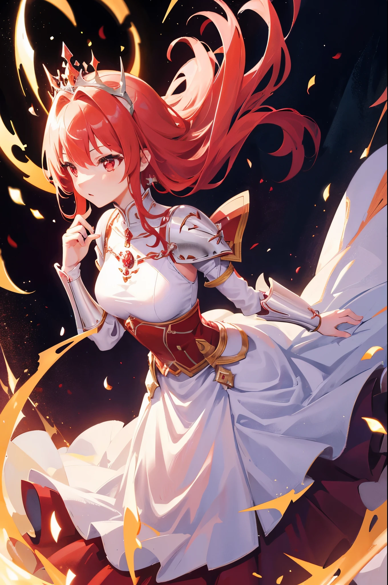 4k,hight resolution,One Woman,White red hair,Longhaire,Bright red eyes,hime,Princess Knight,Princess Dresses,knight armor,Heavy Armor,Princess Tiara,Excalibur,jewel decorations