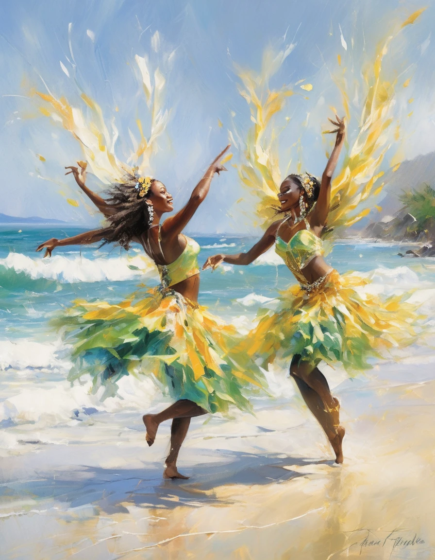 A vibrant scene on the shores of Jamaica, where a group of dynamic dancers forms a captivating procession, swaying to the rhythm of the ocean's pulse. The shot captures the full expanse of the beach, with the azure sea stretching into the horizon and the golden sands glowing in the sunlight. The dancers, exuding energy and grace, move in synchronized harmony, their colorful costumes fluttering in the breeze. The background reveals the Caribbean coastline, complementing the vibrant atmosphere of the dance.
Angles and perspectives are masterfully used to convey the sense of movement and rhythm, while every detail, from the sparkling droplets of seawater to the smiles on the dancers' faces, contributes to the dynamic and uplifting mood of the image. This captivating visual storytelling transports the viewer to a moment