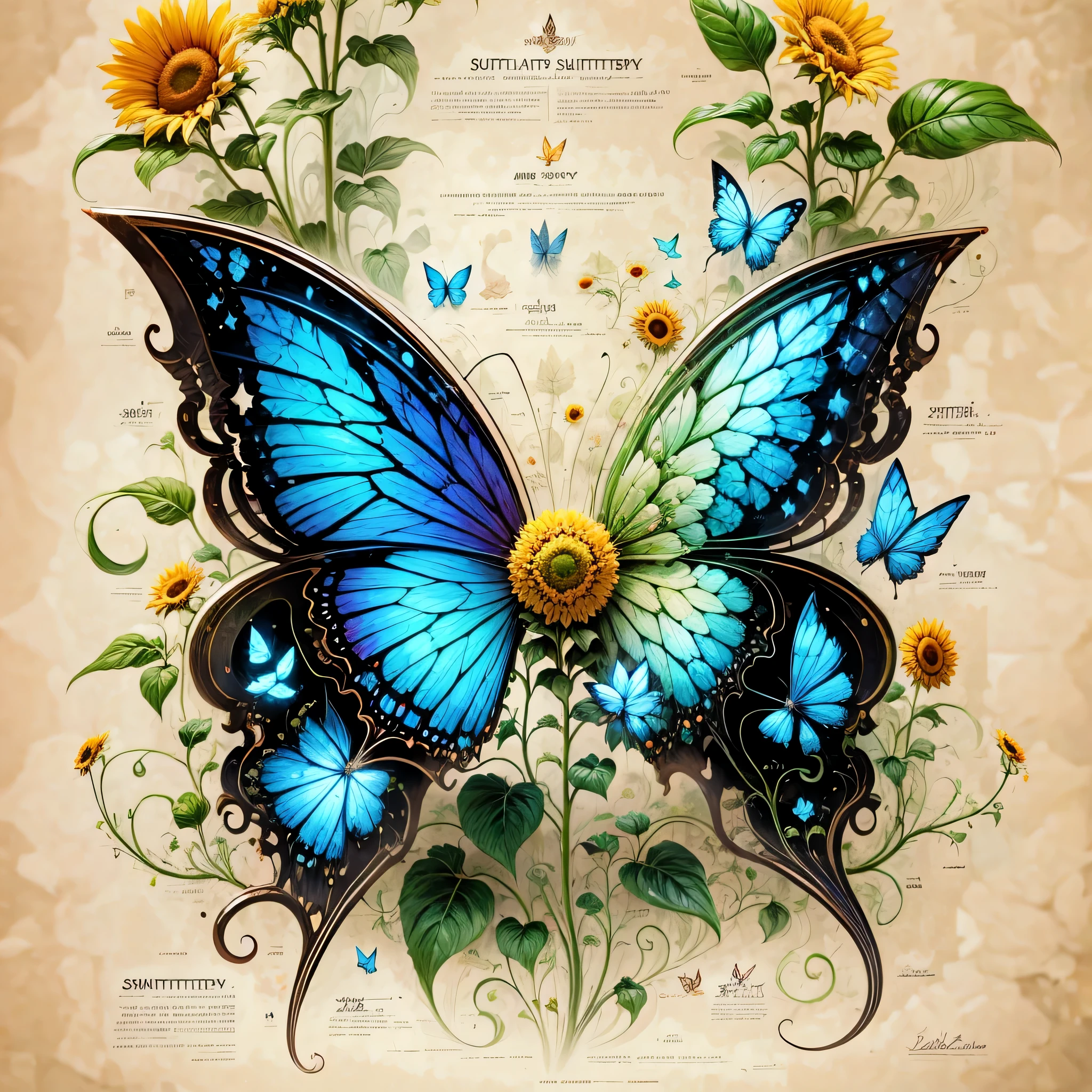 half of butterfly's wings have sunflower elements