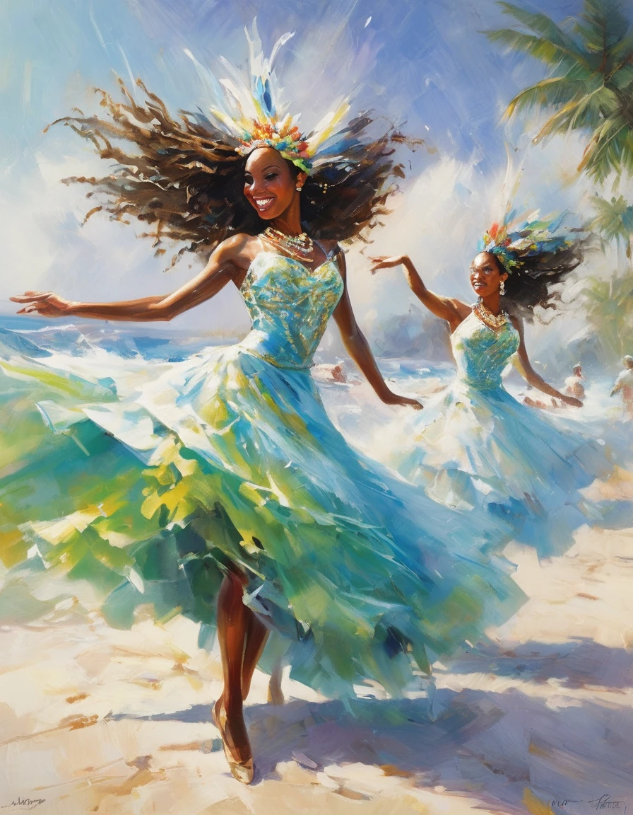 A vibrant scene on the shores of Jamaica, where a group of dynamic dancers forms a captivating procession, swaying to the rhythm of the ocean's pulse. The shot captures the full expanse of the beach, with the azure sea stretching into the horizon and the golden sands glowing in the sunlight. The dancers, exuding energy and grace, move in synchronized harmony, their colorful costumes fluttering in the breeze. The background reveals the Caribbean coastline, complementing the vibrant atmosphere of the dance.
Angles and perspectives are masterfully used to convey the sense of movement and rhythm, while every detail, from the sparkling droplets of seawater to the smiles on the dancers' faces, contributes to the dynamic and uplifting mood of the image. This captivating visual storytelling transports the viewer to a moment