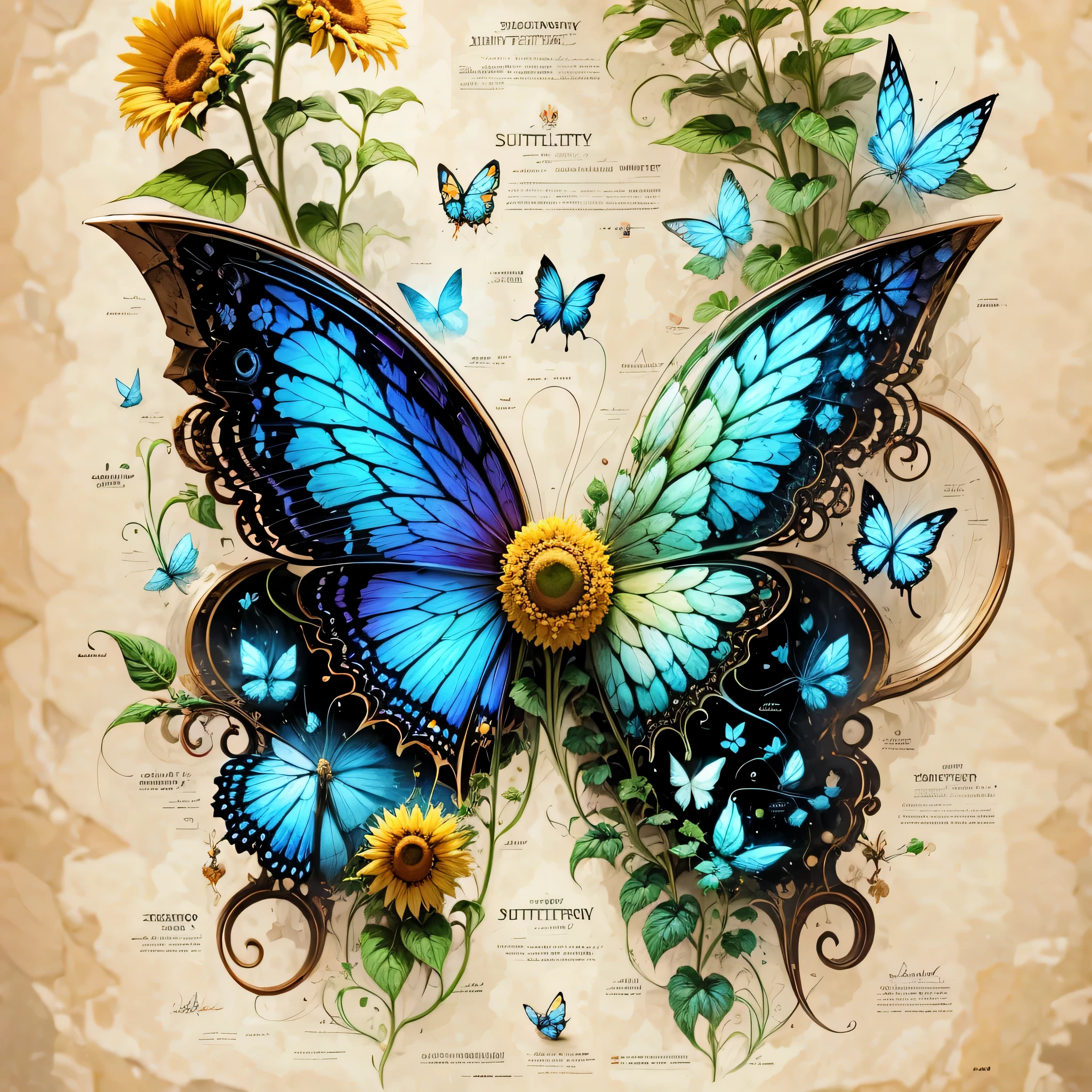 half of butterfly's wings have sunflower elements