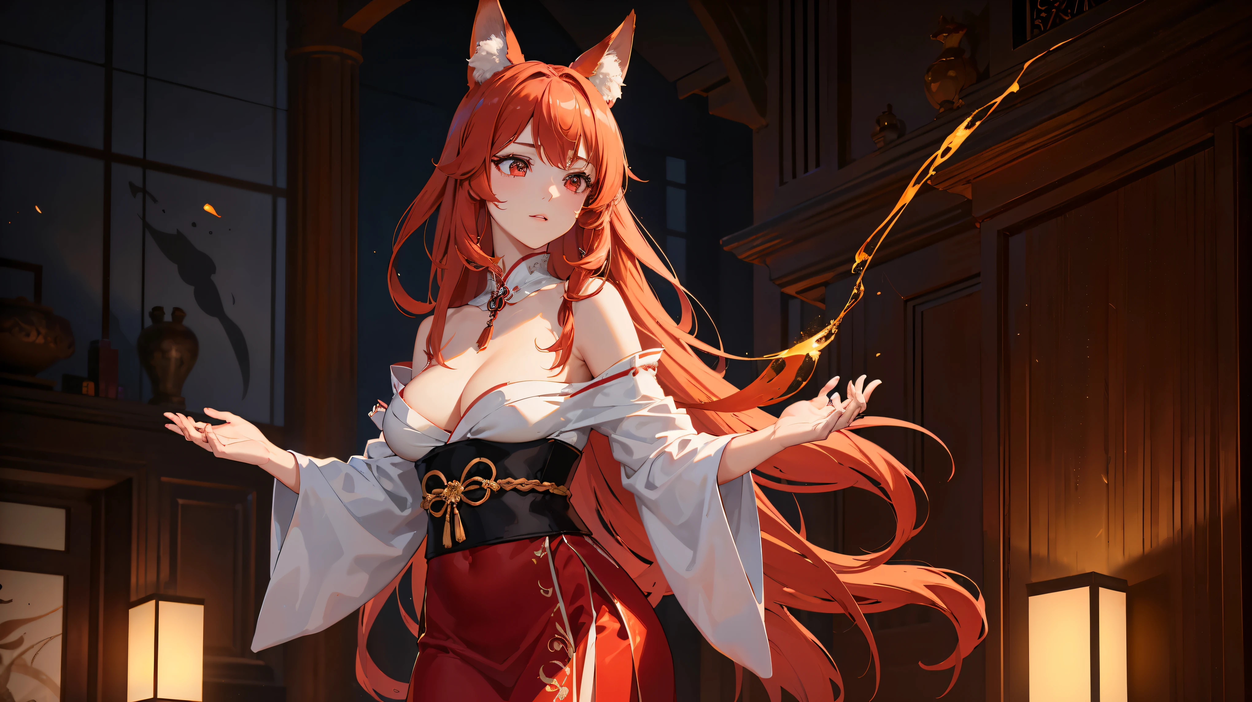 (best quality,4k,highres:1.2),ultra-detailed,(realistic:1.37)
a cute vixen with red hair, fox ears and nine tails, standing in a dark room with a red aura around her, wearing traditional Japanese clothes that barely cover her beautiful figure, vibrant red hair swaying gently in the air, mesmerizing dark eyes glistening with intelligence and mystery, adorable fox ears perched gracefully on top of her head, fine details illustrating every strand of fur on her nine elegant tails, delicate patterns and intricate embroidery adorn her traditional clothing, adding a touch of elegance and grace, a soft glow reflecting off her fair skin, casting a captivating light on her enchanting presence, graceful hand movements exuding an air of confidence and tranquility, shadows dancing around the room, enhancing the mystique and allure, rich colors and contrast adding depth and dimension to the scene, subtle highlights and shadows bringing the character to life, a hint of smoke filling the room, adding an element of intrigue and mysticism, the red aura surrounding her, pulsating with energy and power, creating an atmosphere of enchantment and charm, a sense of anticipation and wonder, evoking a sense of ancient traditions and folklore, an otherworldly beauty captured in a single moment, ready to captivate and inspire.