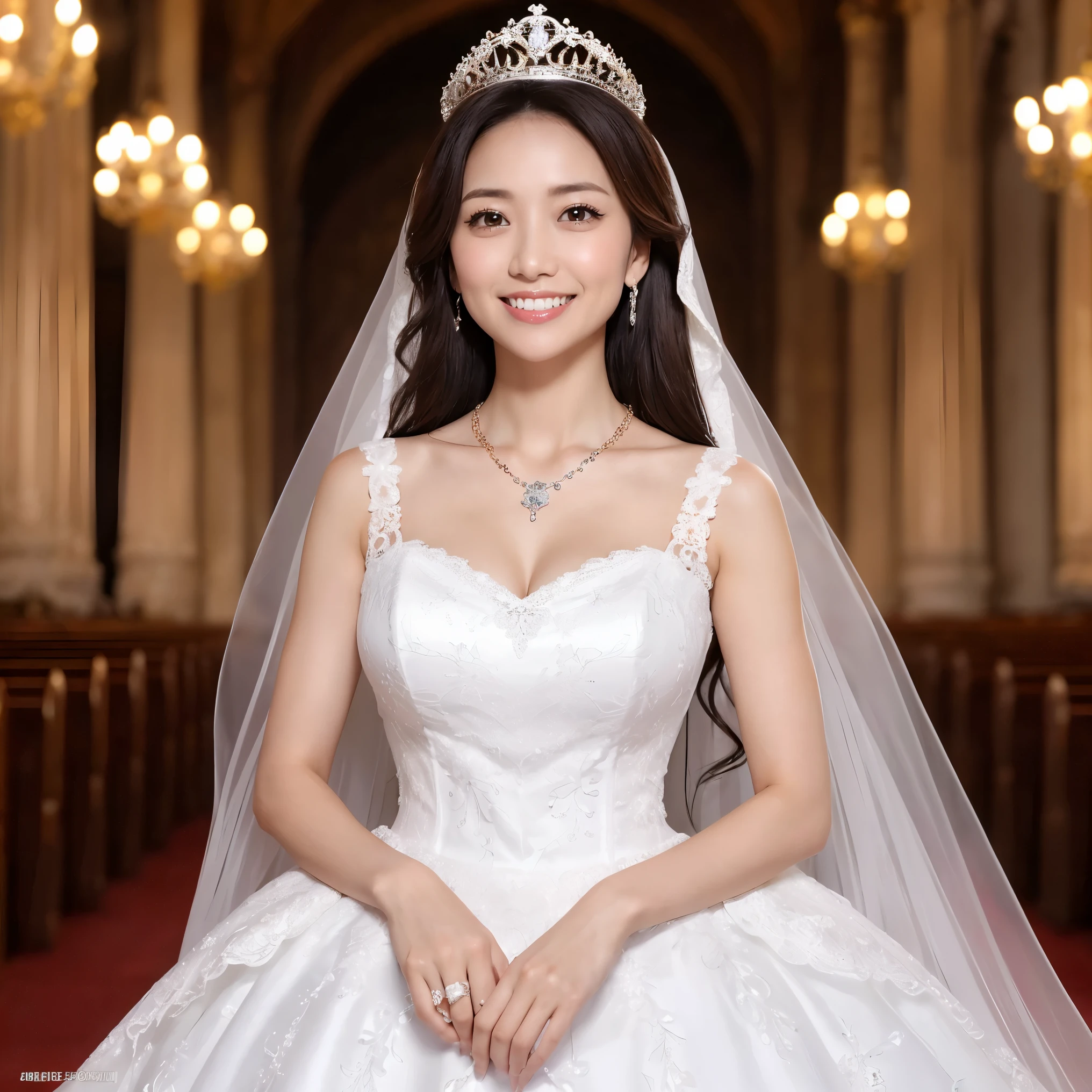 (table top、highest quality、8K、Award-winning work、ultra high resolution)、one beautiful bride、(perfect superlative huge wedding dress:1.1)、(Luxury wedding dress with plenty of jewels:1.1)、(Huge jewelery finest tiara:1.3)、(Huge jewelry finest necklace:1.3)、(perfect wedding lace:1.2)、(Look at me with your best smile:1.2)、(The most luxurious and highest quality giant tiara:1.3)、(The most luxurious and finest giant jewelry necklace:1.3)、(Show your beautiful teeth and smile big:1.1)、(the bride is in front of me、Ensure equal space at the top, Down, and left and right.:1.1)、big breasts、cleavage、emphasize body line、(upper body photo:1.1)、(wedding ceremony in a sacred and noble church:1.1)、(Highly blurred perfect background of the finest luxury church:1.1)、(elegant and gorgeous church:1.1)、accurate anatomy、ultra high definition hair、Ultra high definition beauty face、輝くultra high resolutionの美肌、ultra high resolutionの艶やかな唇、(Face facing straight ahead:1.1)、(body facing straight ahead:1.1)、(Beautiful skin that shines white:1.3)、(Stand upright facing straight ahead:1.2)、(very bright and vivid:1.3)、(very bright:1.2)、(Strongly blurred background:1.1)