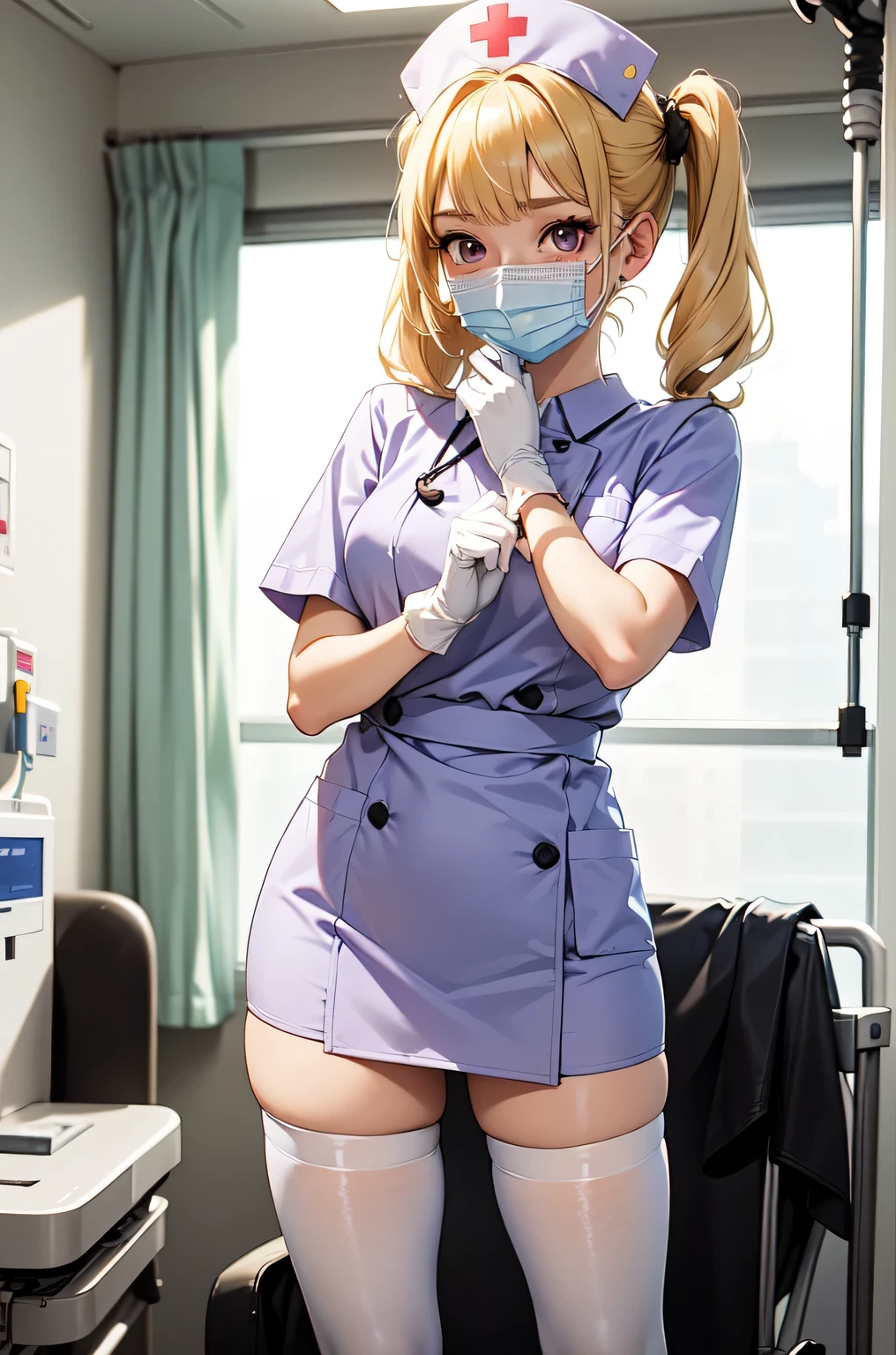 1girl, solo, nurse, nurse cap, white nurse uniform, ((white legwear, zettai ryouiki)), white gloves, twintails, yellow hair, purple eyes, ((white surgical mask, covered nose)), standing, ((hospital room)), sharp outline, short sleeves, best quality, masterpiece