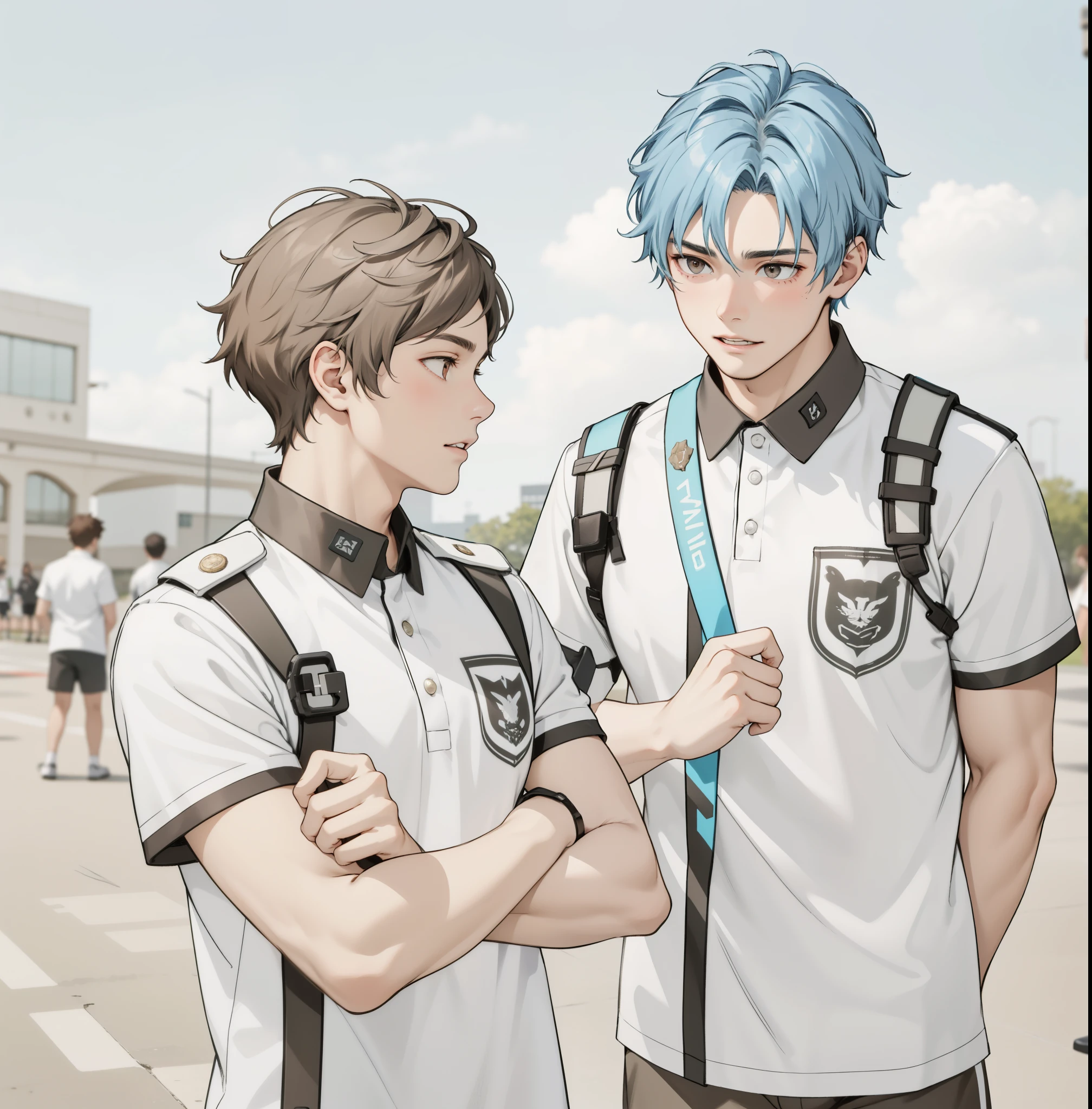 15-year-olds with brown Latin skin and bright blue hair , are in high school wearing white uniforms, hablan preocupados sobre algo importante