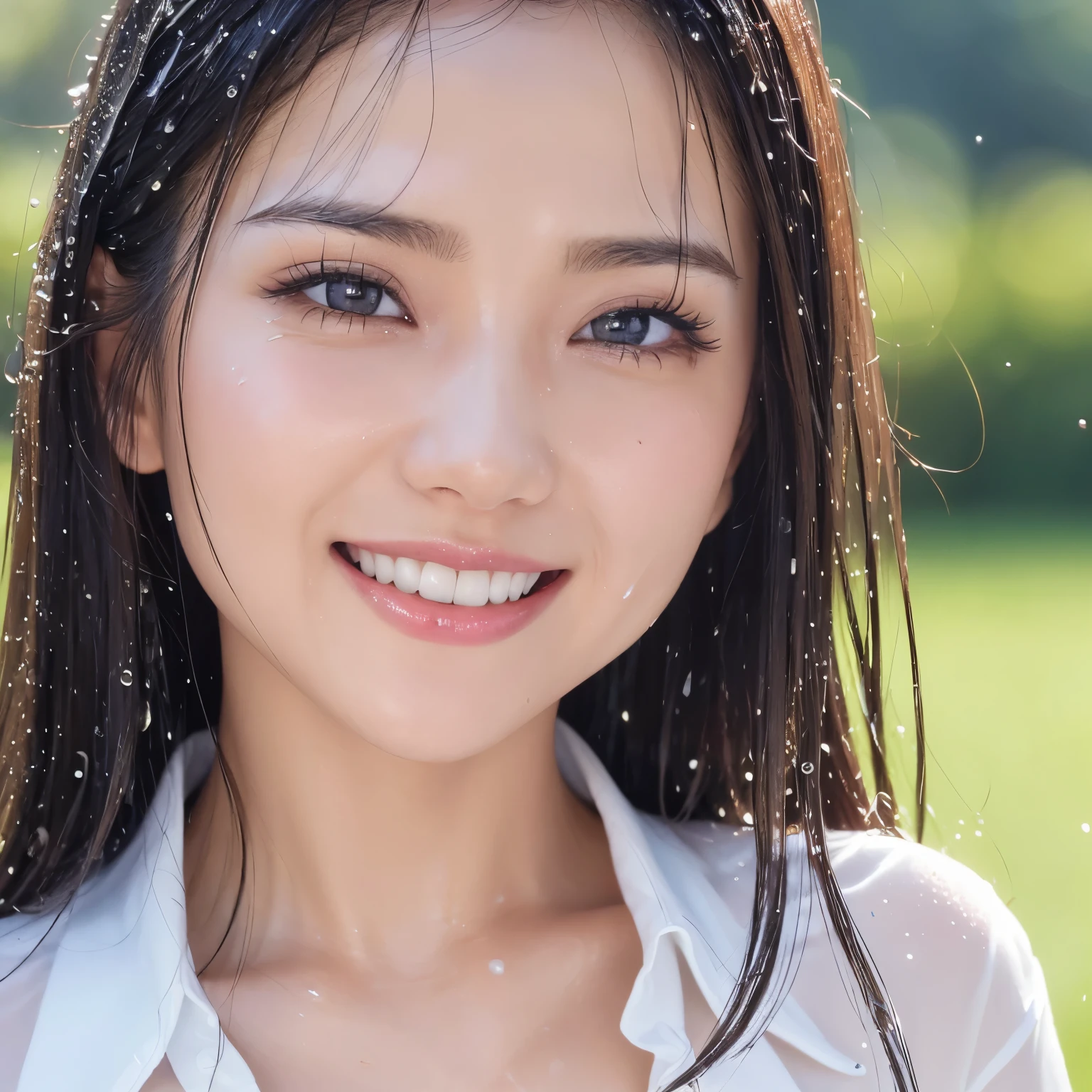 (highest quality、table top、8K、best image quality、Award-winning work)、(One soaking wet beauty:1.1)、(White polyester open collared shirt:1.1)、(wet white open shirt:1.1)、(Fixed front configuration:1.1)、(My skin is visible through my wet shirt:1.1)、brown eyes、(Strongly blurred refreshing green background:1.trongly blurred background:1.1)、(Beautiful wet and shiny skin:1.1)、(very bright and refreshing:1.4)、(very cool advertising image:1.1)、big bvage、emphasiline、(the best smile looking at me:1.1)、(Please smile and show your beautiful teeth:1.1)、perfect makeup、With bangs、Ultra high definition beauty face、ultra high definition hair、Super high-definition sparkling eyes、Super high resolution glossy lips、accurate anatomy、(very bright and vivid:1.4)、(Close-up of wet face:1.35)、(Ultra high definition countless water droplets:1.2)、(The most natural and perfect freshwater splash:1.1)、(fresh water splash:1.1)、(Perfectly reproduces the texture of wet hair:1.1)、(wet and shiny skin:1.2)、(wet and shiny hair:1.2)、(Ultra-high definition bright and beautiful skin:1.3)