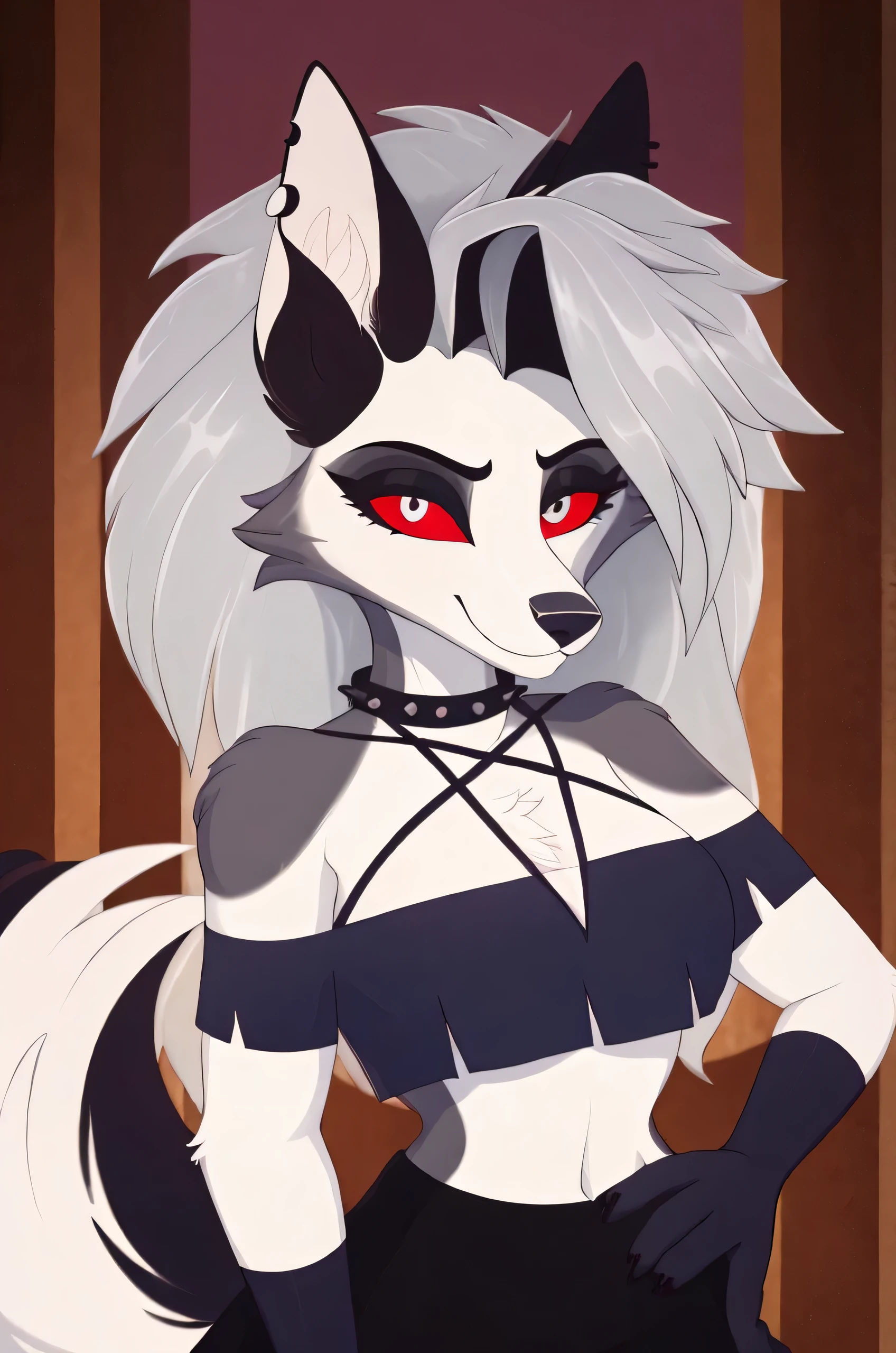 obra de arte, Melhor qualidade, Portrait of the face of a female anthro loona hellhound, loonacroptop, rosto detalhado, (olhos detalhados, cortar pupilas, pupilas brancas:1.2), (red sclera), Sorriso, [colarinho pontiagudo, pentagram], (olhando para o espectador)