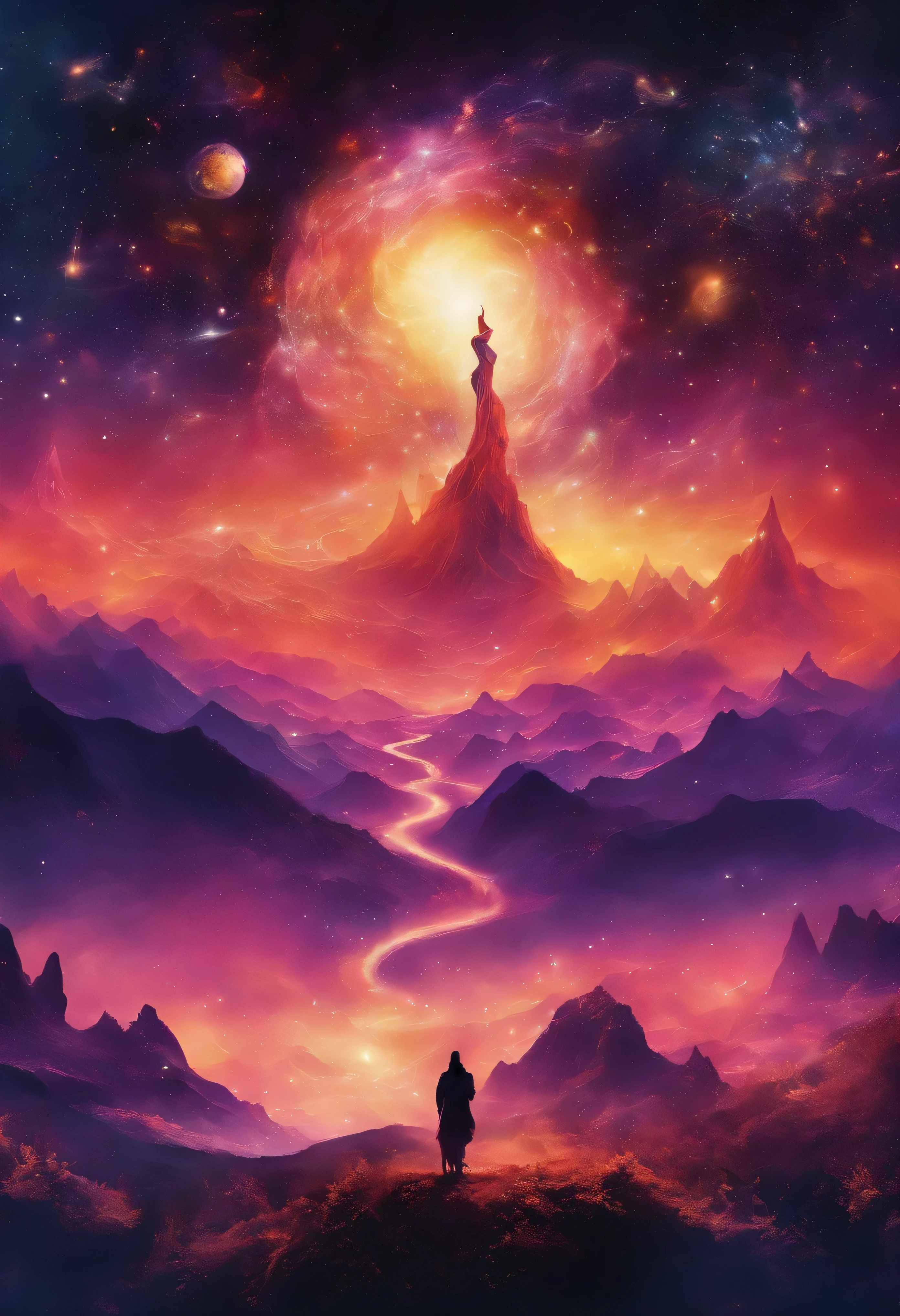 Create metal album covers,Show towering mountains in the center of the image. The night sky must be full of bright constellations, Create a dark and mysterious atmosphere. if possible, It adds a black hole in the background,Increase the sense of unknown and mystery....