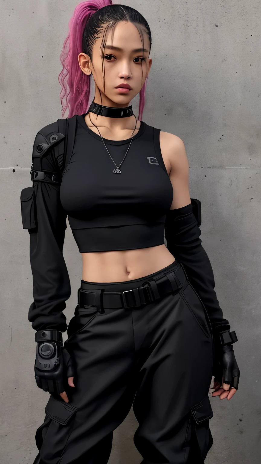 a woman in black top and cargo pants posing for a picture, tech wear women pictures, black costume, cargo pants. cyberpunk city, Techwear look and clothing, All black cyberpunk clothes, casual black clothes, wearing black modern clothes, whole body shangxia, black pink jenny, women's clothing, black pink jisoo, wearing sexy crop tops, wearing urban tech wear,The whole body is shown
