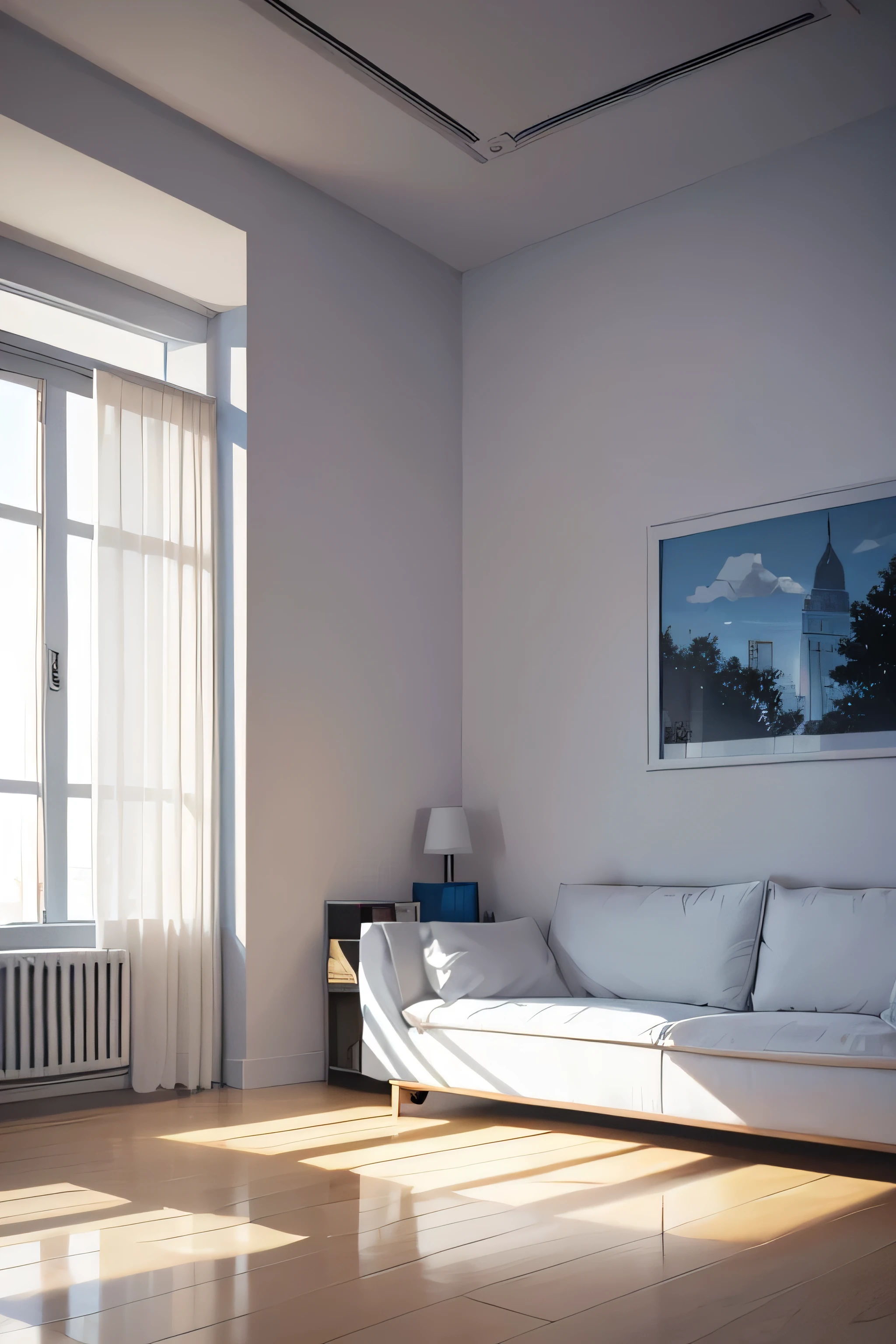 anime style illustration, Morning light, living room, White balcony, white wall, white floor, White window sill, White Bookcase, white table, blue sofa, Calm time, tree outside the window々, sunlight filtering through the trees