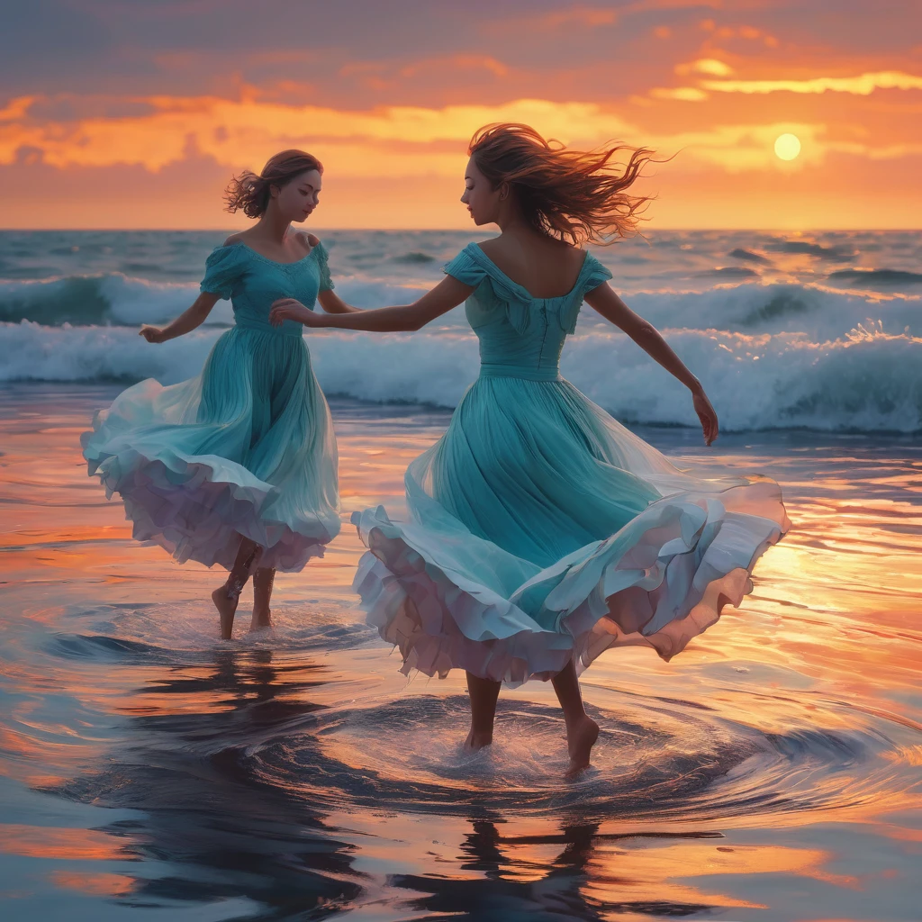 People Dancing on the Sea Surface, aesthetic, extremely detailed, (best quality,4k,8k,highres,masterpiece:1.2),ultra-detailed,realistic,photorealistic:1.37,Medium:oil painting,people dancing on the sea surface,aesthetic,colorful,expressive brushwork,windy atmosphere,dynamic poses,captivating movement,rippling waves,ethereal lighting,seagulls in the distance,twirling skirts,joyful laughter,piano music in the background,rippled reflections on the water,sunset hues,cloudy background,Tom Whalen's signature style,a masterpiece by Tom Whalen,trending on Artstation,floating feeling, and serenity,graceful and fluid movements,mesmerizing choreography,innocent and carefree expressions,endless horizon,harmony between nature and human.