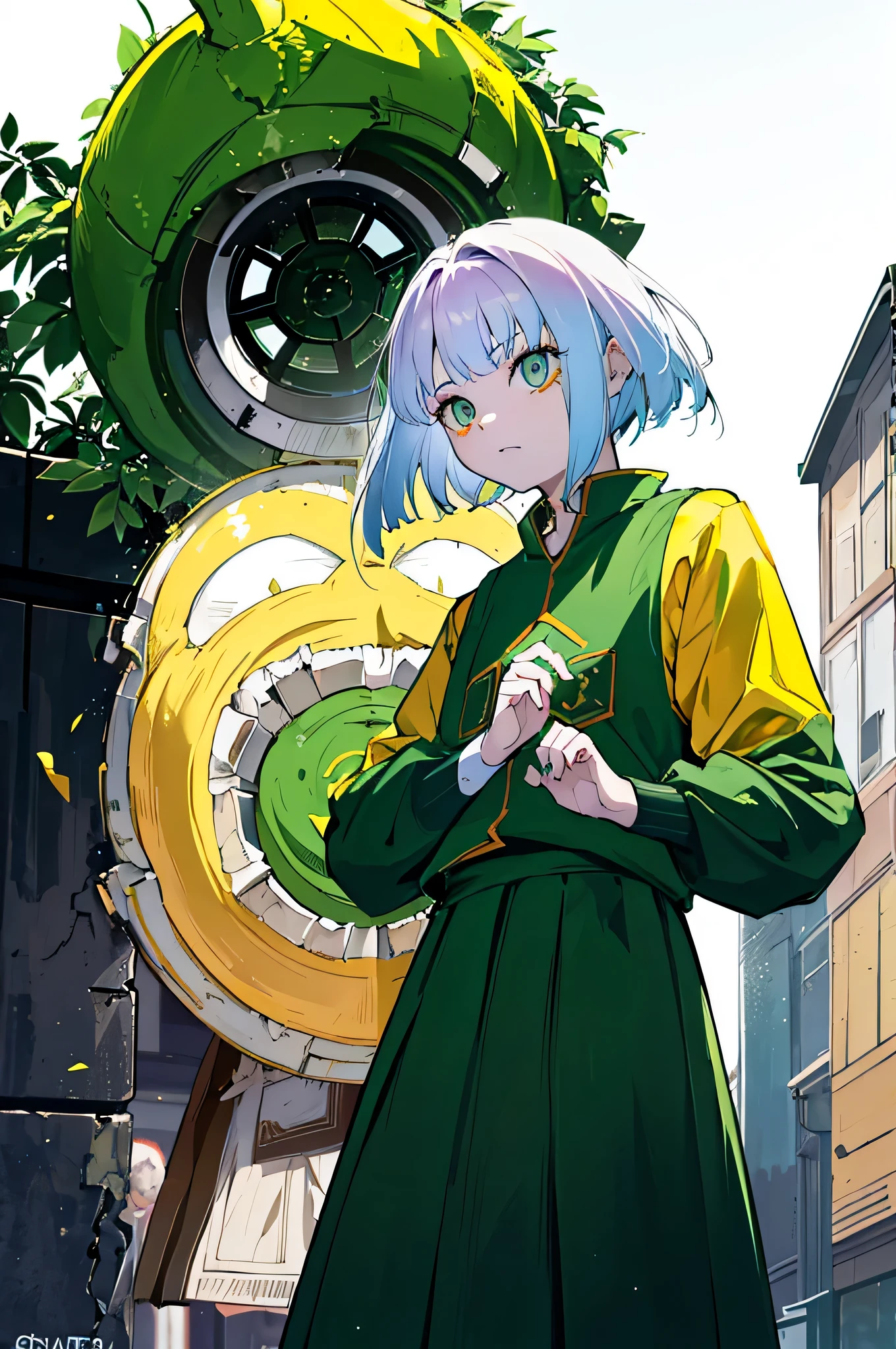 verde: 1.5, laranja: 1.1, Branco: 1.3, amarelo: 1.3, (garota rapper com cabelo pavor), post-apocalyptic world, tatuagens, (roupas puffer do poder: 1.2), Giant machines, mistborn, linhas, Parts, action pose