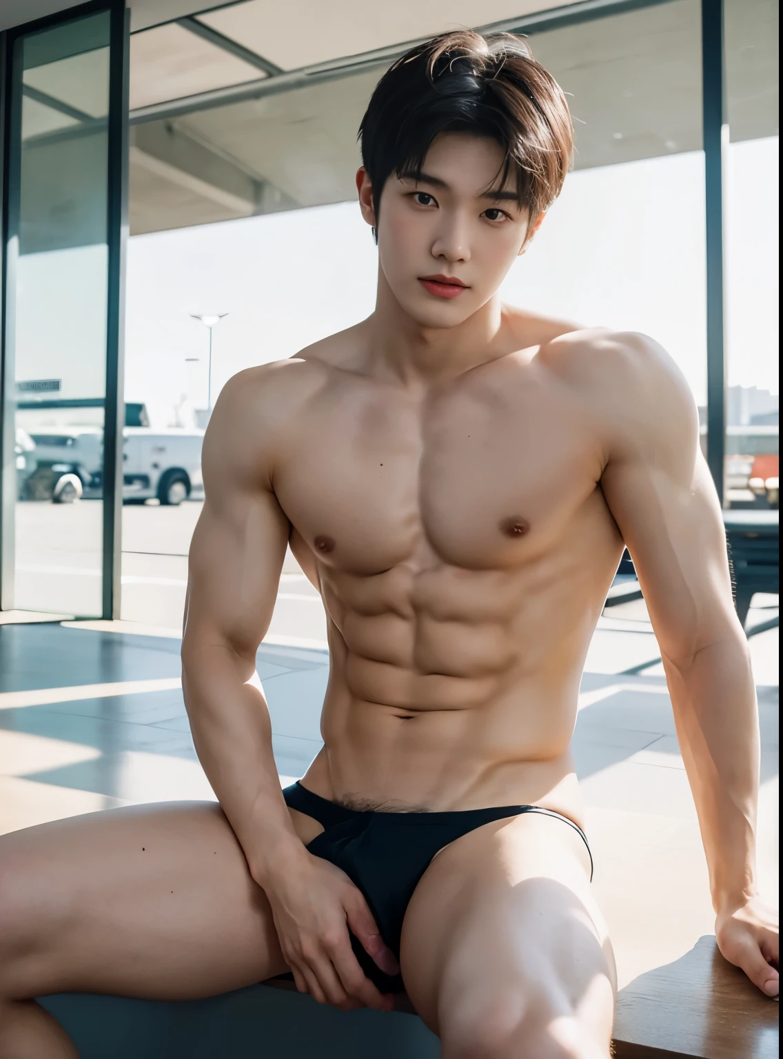 young man, 22 years old, Good looking, Looks like a Korean actor, หน้าตาเหมือน K pop idol, ใบหน้าhandsome, white skin, small mouth, Slender face, very short hair, well care hair, handsome, Confident eyes, fit, Broad shoulders, have abdominal muscles, naked, naked, Sitting with legs apart, Open your legs in a V shape., airport as a background, bright, outdoor, likes to show off his penis, clearly shows the penis, There was one decent sized penis., Don't feel embarrassed., Was gangbanged for taking pictures, Slut, Shameless, exhibitionist, pose like prostitute, expression of ecstasy/orgasmic, cumshot, natural light, both eyes are the same, muscular, perfect eyes, nipples showed, penis exposed, Global illumination, tall, full body, tiny waist, soft light, dream light, digital painting, extremely detailed CGI, hd, 8k, 4k background