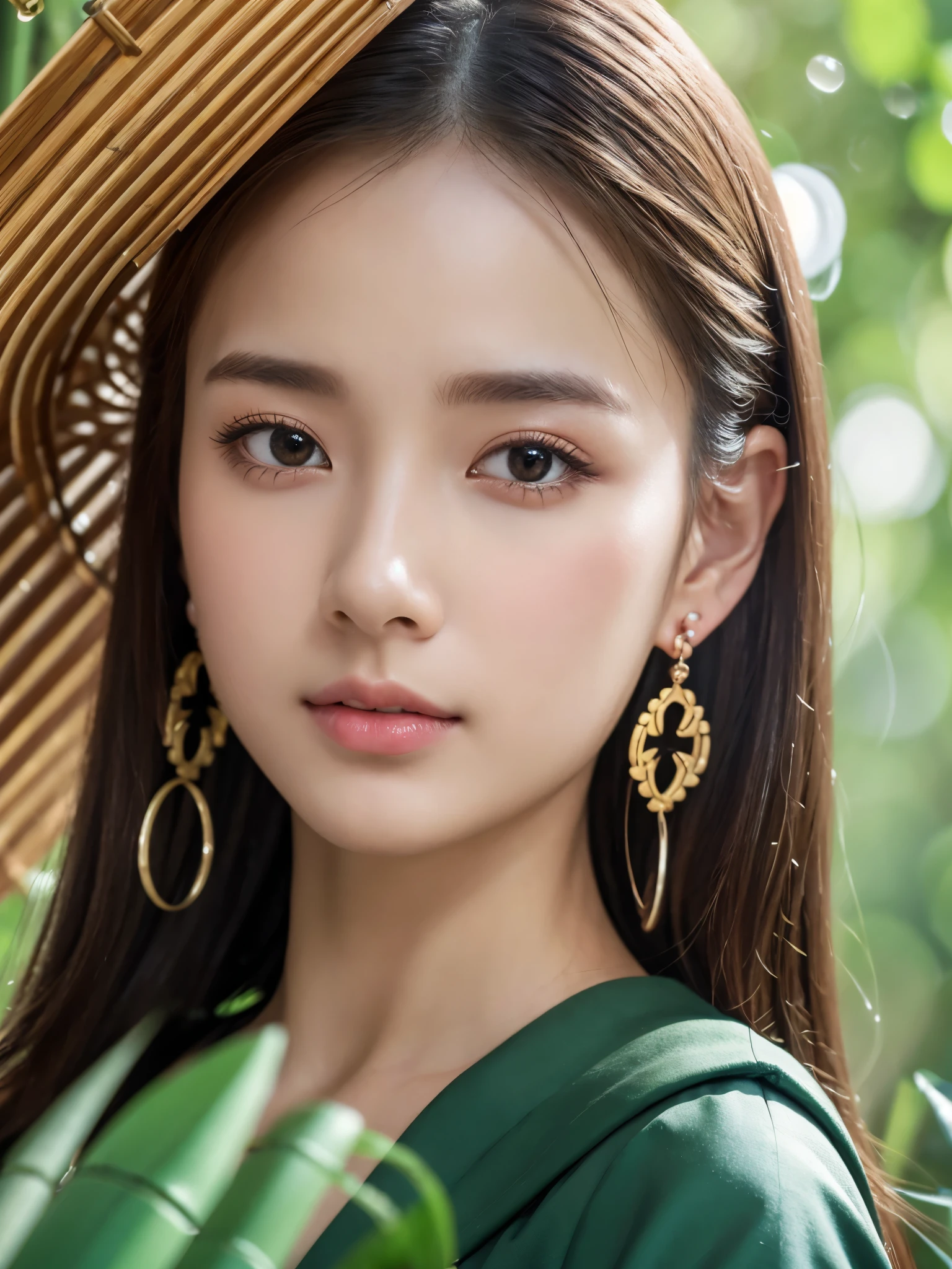 Masterpiece, extremely detailed CG unity 8k wallpaper, 1 girl, beautiful, realistic, blur, blurred background, blurred foreground, bamboo forest, depth of field, earrings, jewelry, nose, realistic, solo, hanfu, holding oli paper umbrella, rain