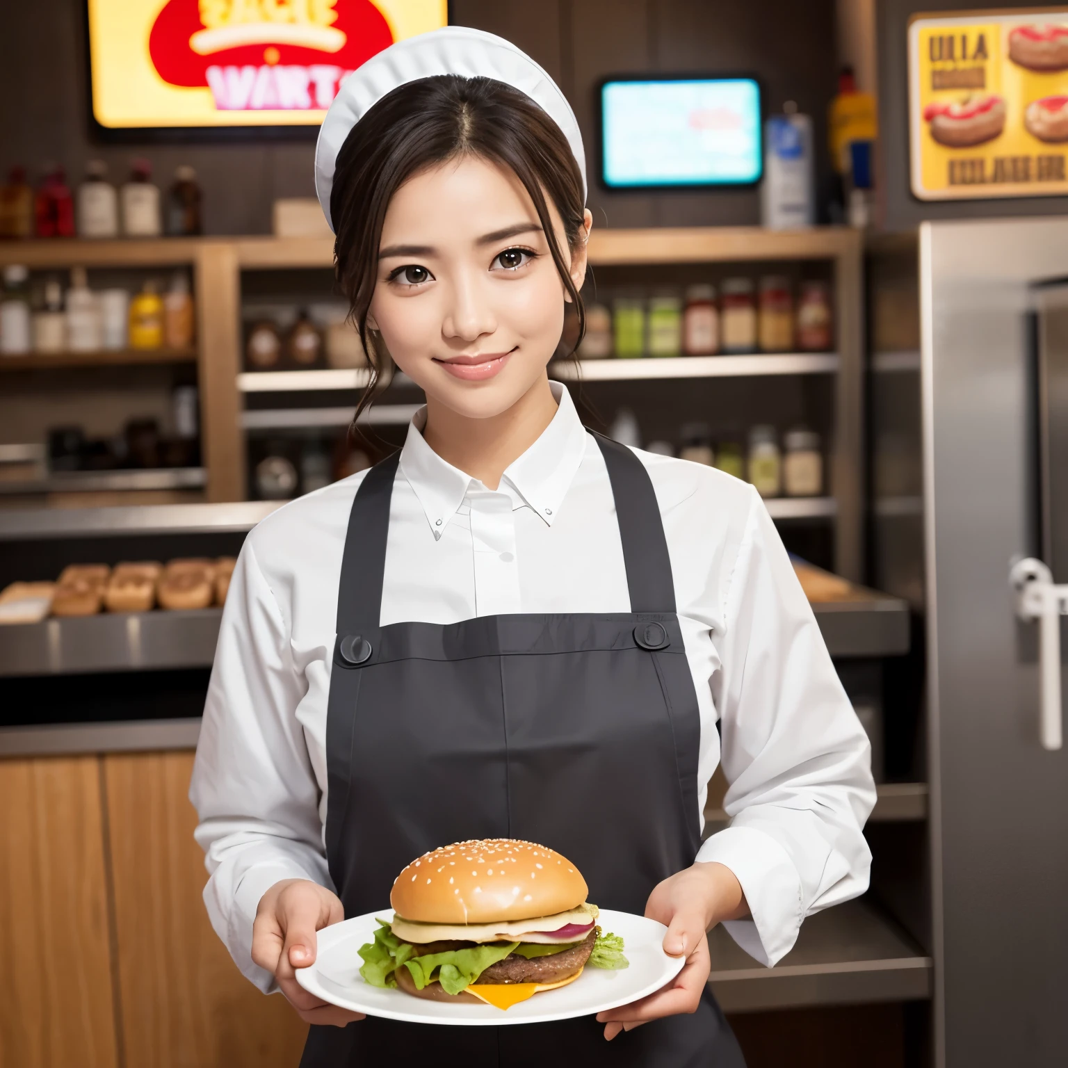 (table top、highest quality、8K、Award-winning work、ultra high resolution)、Beautiful clerk at a hamburger shop、(gray polyester shirt:1.1)、(classy black pants:1.1)、(the most accurate and perfect apron:1.2)、black cap、(big breasts:1.1)、elegant chignon、the best smile looking at me、Please smile and show your beautiful teeth、Most emphasize the body line、The most natural and perfect burger shop background、(everything is perfectly organized、regularly arranged.:1.1)、(Authentic burger that will whet your appetite:1.1)、(Perfect real fries to whet your appetite:1.1)、(Detailed burgers with the most realistic textures:1.1)、(A large number of hamburgers neatly arranged:1.1)、perfectly organized、the most natural burger shop、blurred background、accurate anatomy、ultra high definition hair、ultra high resolutionの完璧な美しい歯、Ultra high definition beauty face、ultra high definition hair、Super high-definition sparkling eyes、輝くultra high resolutionの美肌、ultra high resolutionの艶やかな唇、elegant makeup、(He gracefully holds a tray with burgers and drinks on it..:1.2)