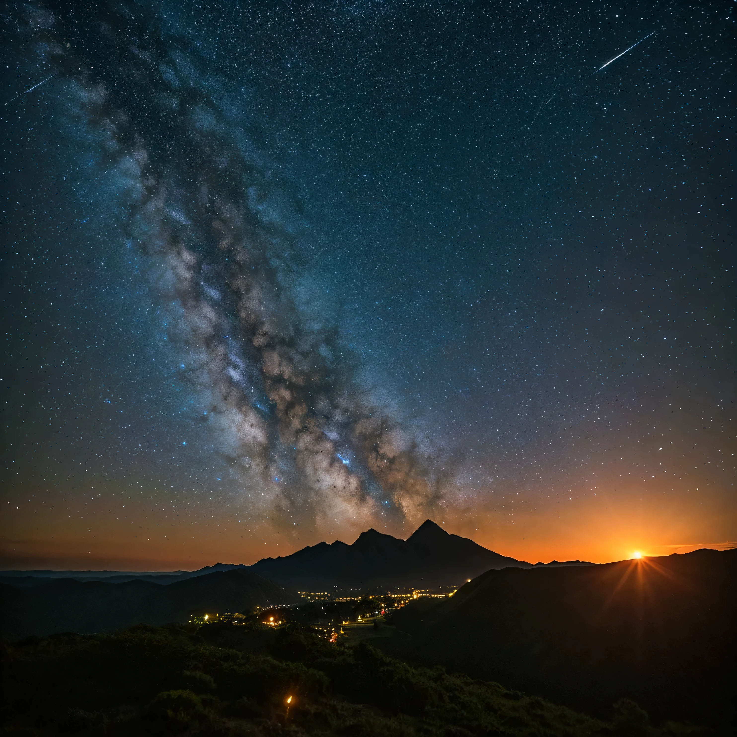 starry sky, first star, sunset, beautiful, distant mountain, twilight, shooting star, Meteors, bright