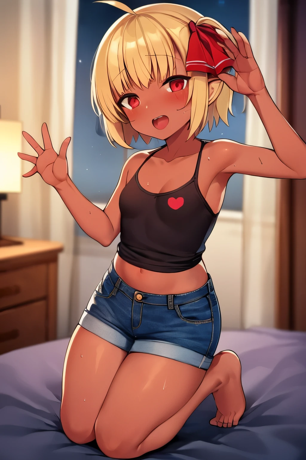 2D，highest quality，(masterpiece)，(full body)，Rumia，blonde，1 girl，，young，small ears，healthy dark skin，黒のdenim hot pants，Tank top，barefoot，barefoot，attractive thighs，butt，(red ribbon on head )，share，Bedroom，Get drunk，Sweat，upper grade，cheeks are bright red，(kneeling pose)， (wave hands)，Cute with bruises，erotic，i feel it，denim hot pants，night，breathing heavily，female brat，An evil kid like a little devil，heart above head